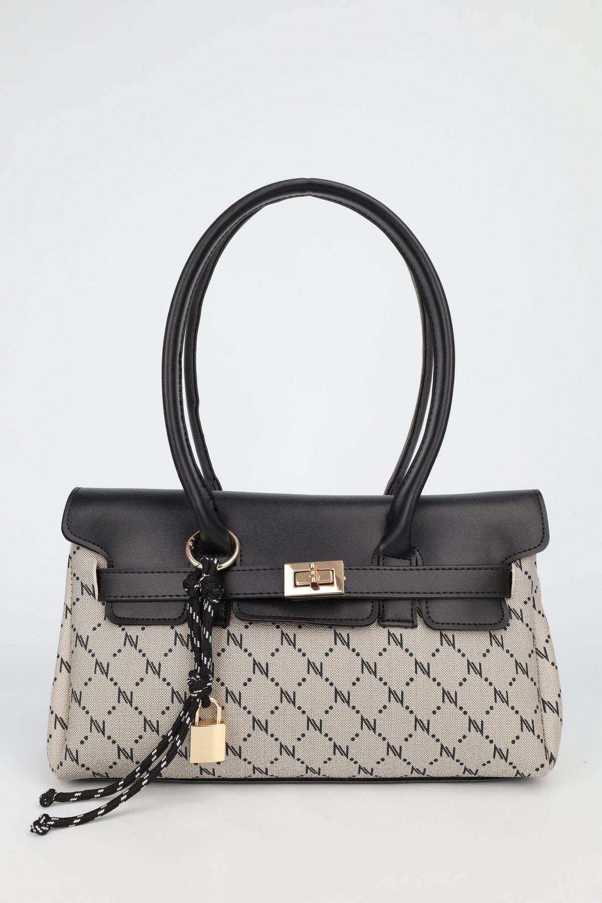 Women's Monogram Mink Black Leather Belted Charm Detailed Hand and Shoulder Bag with Cover 16x30 Cm Pera