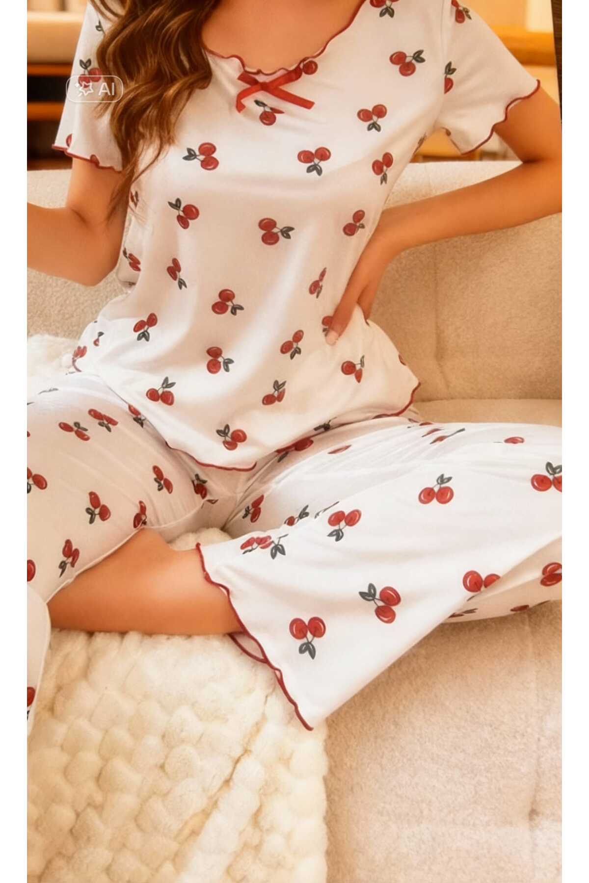 Kadın Kiraz Desenli Rahat KADIN Pijama Takımı Mevsimlik Saten Görünüm 4