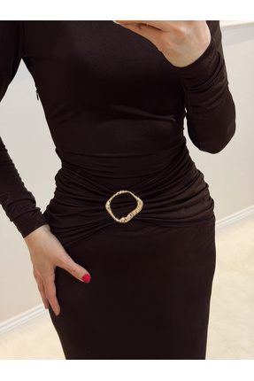 Miyasa Gold Toka Detaylı Acıkahve Elbise