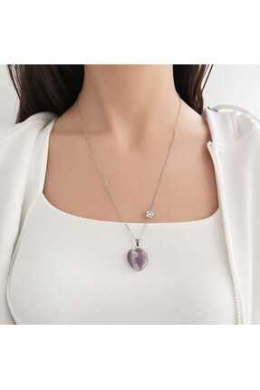 fiorentaş Ametist Kalp Uçlu Doğal Taş Kolye – Zarif Çiçek Detaylı Minimal Tas...
