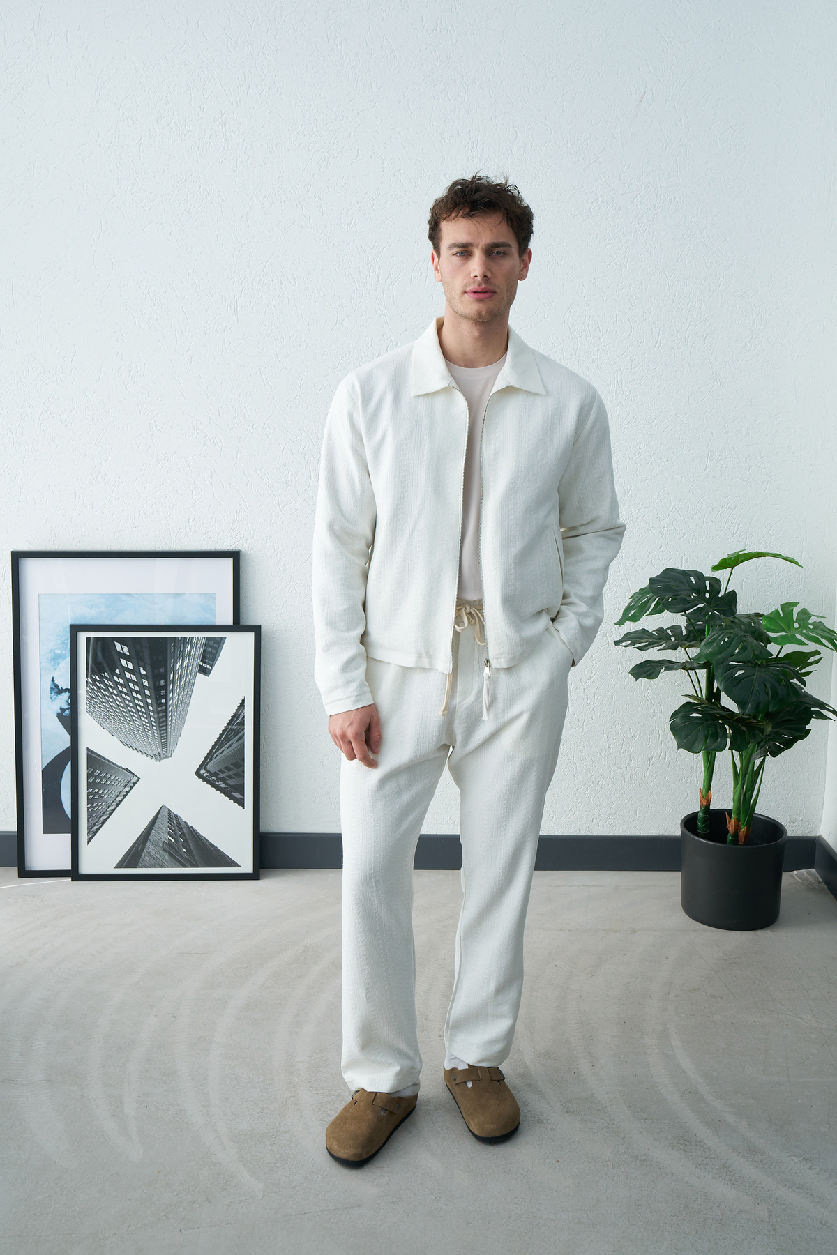 İLKCET MODA  Erkek Beyaz Etnik Desenli Oversize Kısa Ceket - Görsel 4