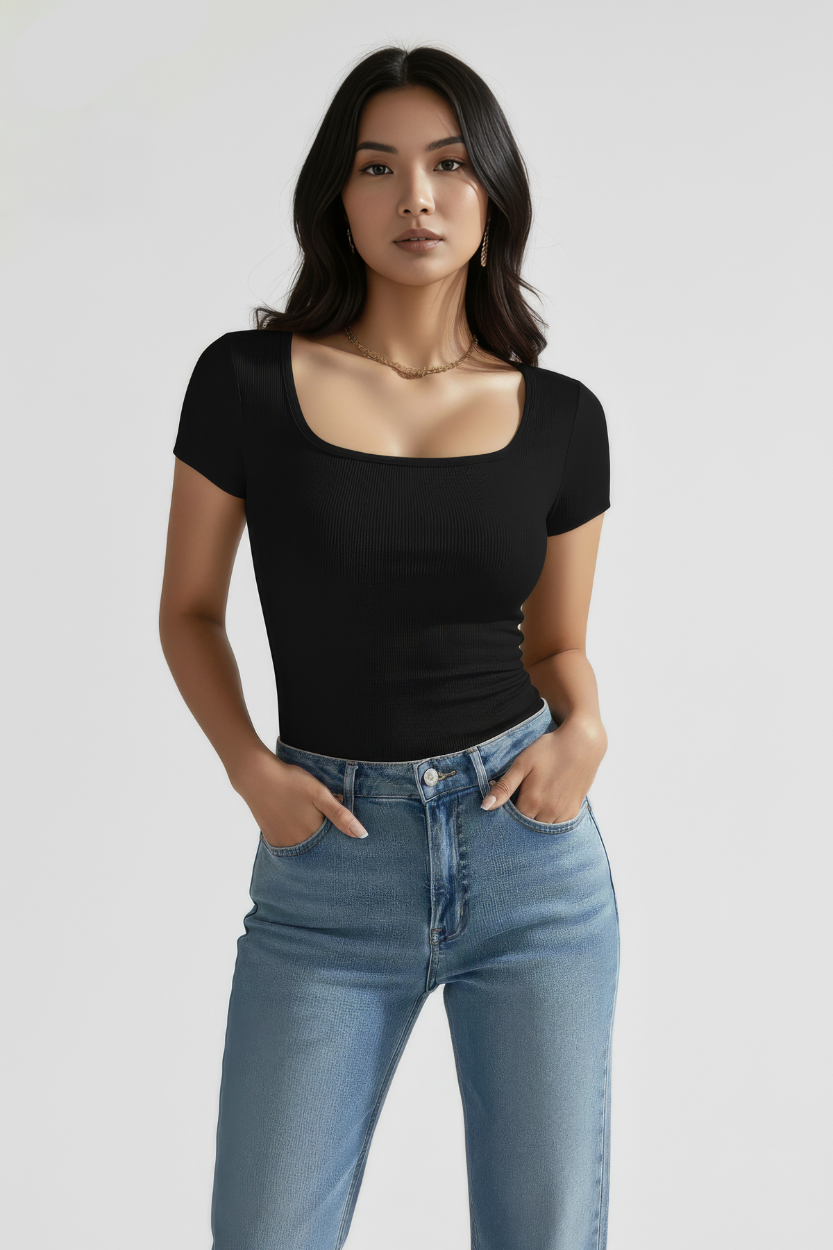 NERTH STYLE  3'lü Set U Yaka Kısa Kollu Fitilli Pamuk Bluz T-shirt - Görsel 2