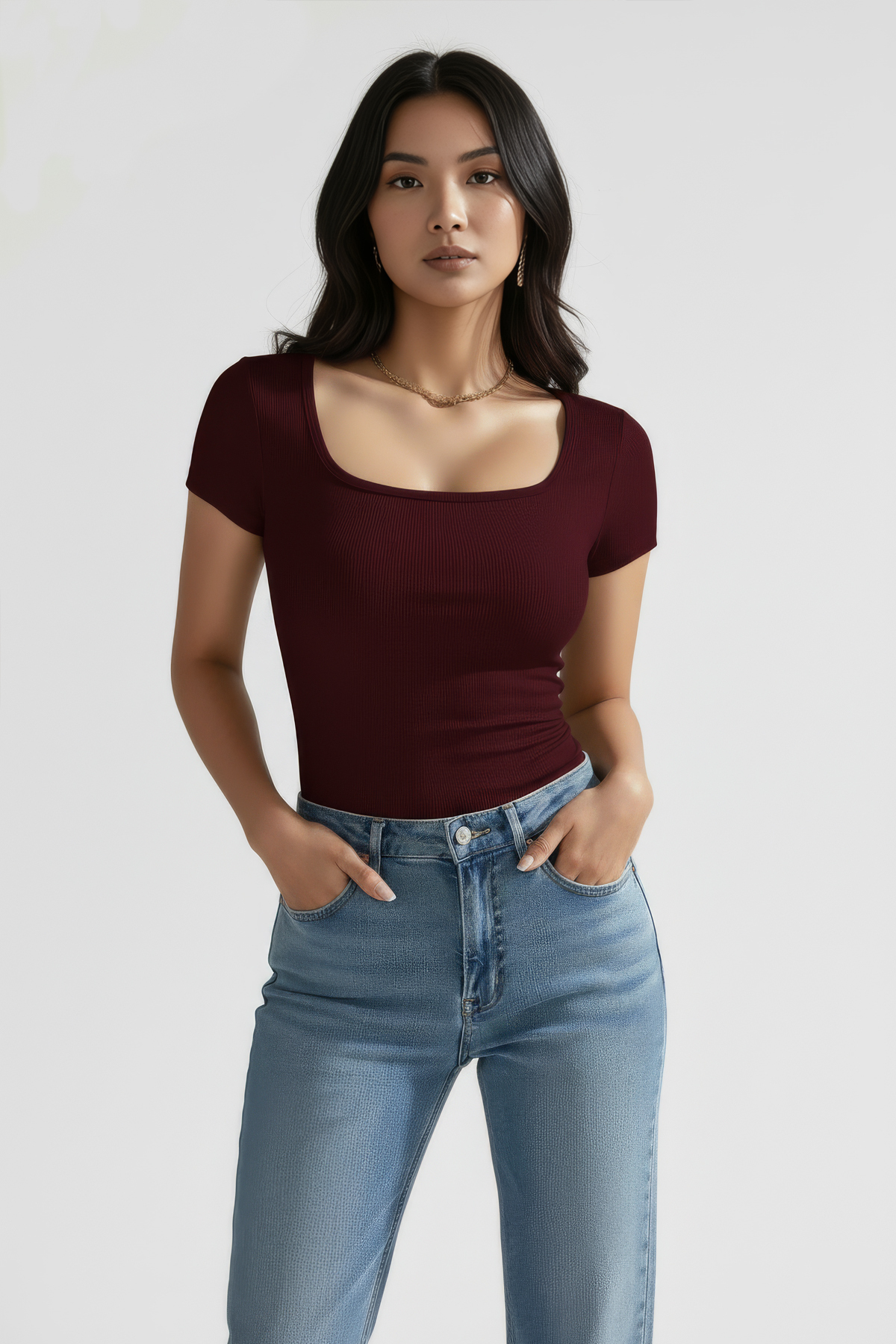 NERTH STYLE  3'lü Set U Yaka Kısa Kollu Fitilli Pamuk Bluz T-shirt - Görsel 3