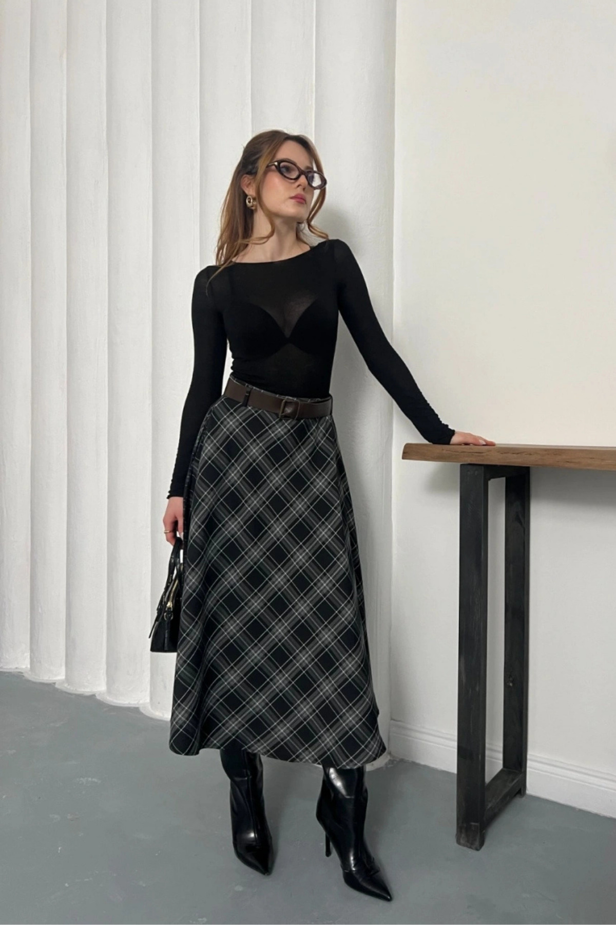 MOZENA  Kemer Detaylı Ekose Desenli Uzun Etek - Görsel 4