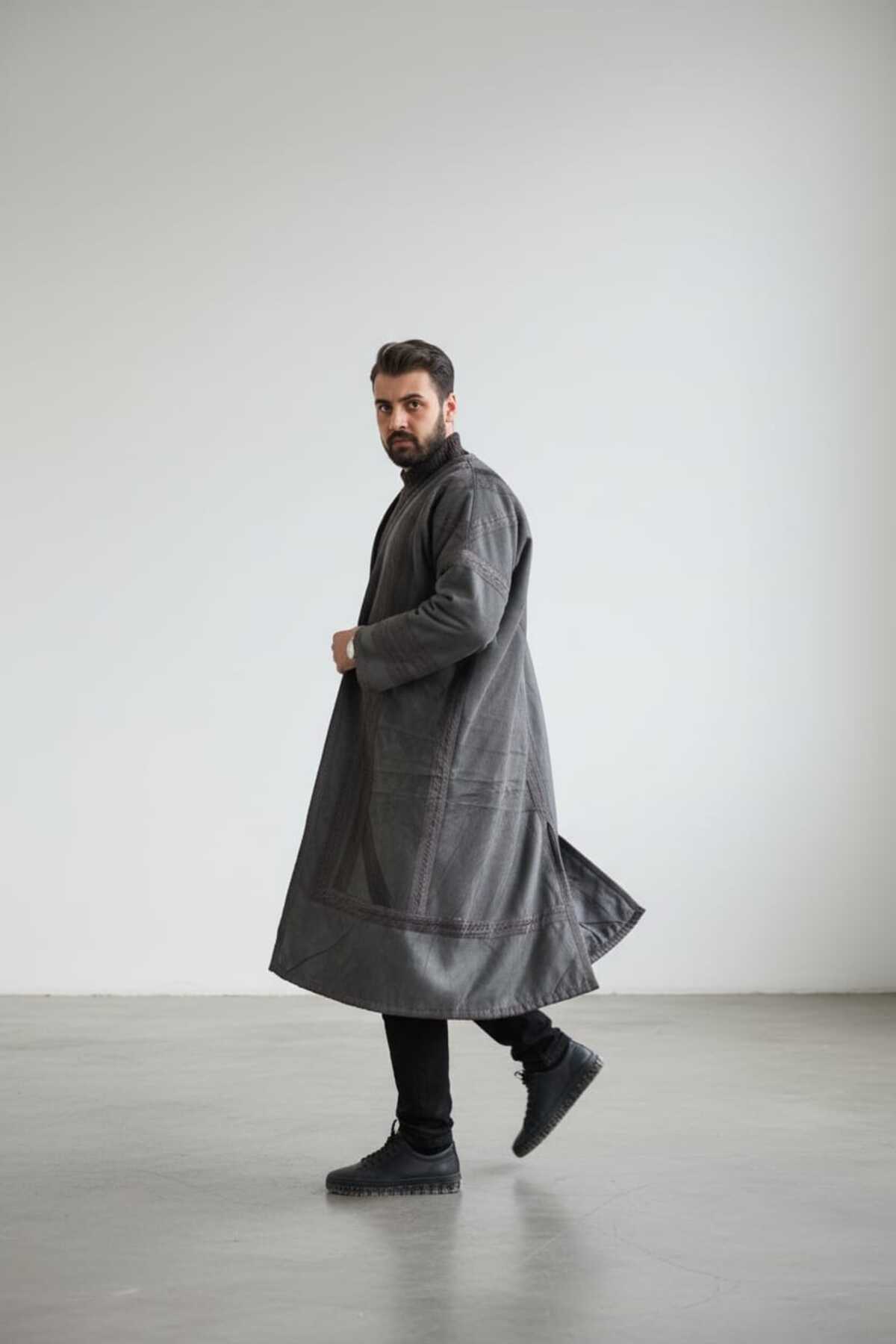 bilqasmi  Erkek Uzun Klasik Kürk Palto Görünümlü Kışlık Dış Giyim Unisex - Görsel 7