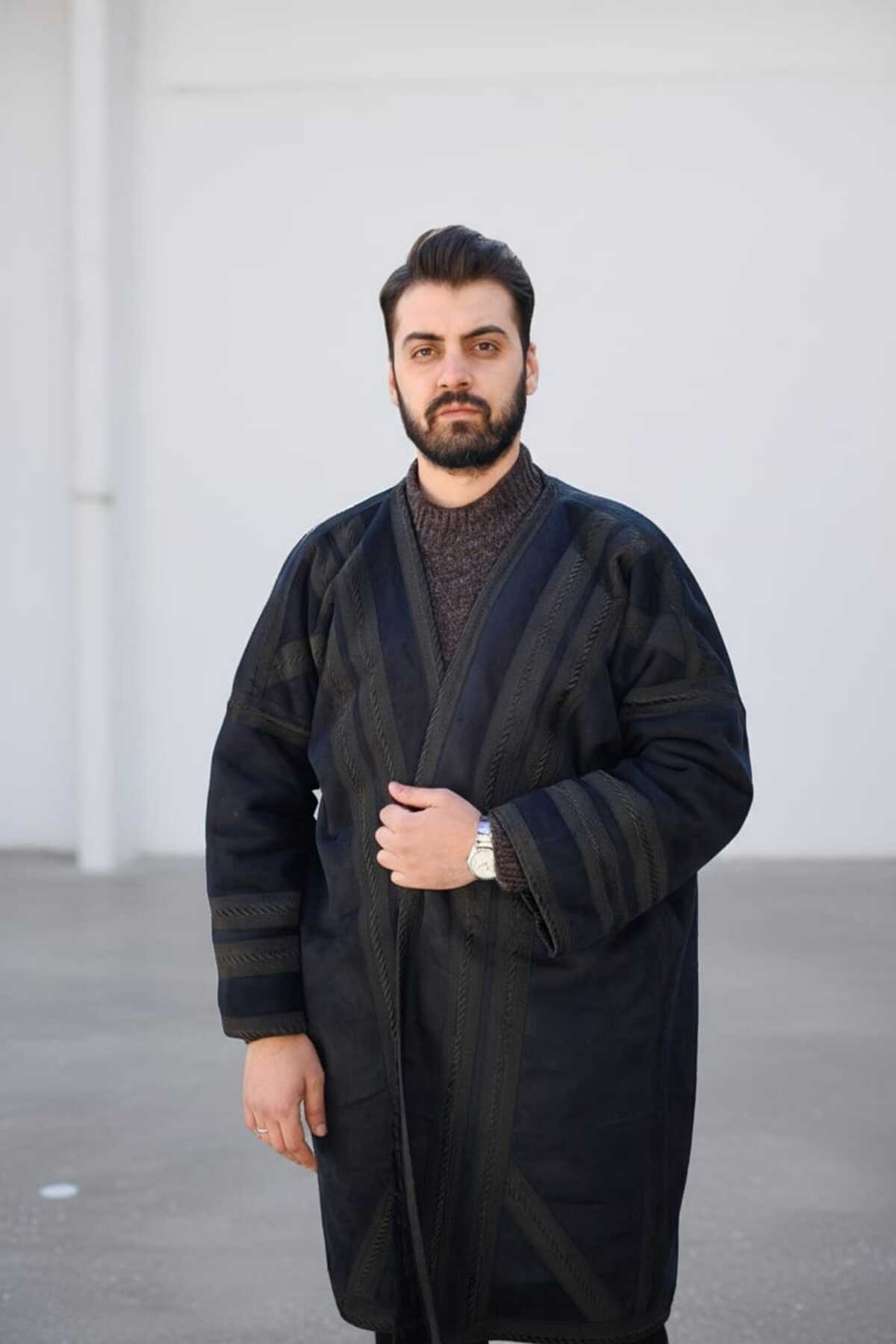 bilqasmi  Erkek Uzun Klasik Kürk Palto Görünümlü Kışlık Dış Giyim Unisex - Görsel 7