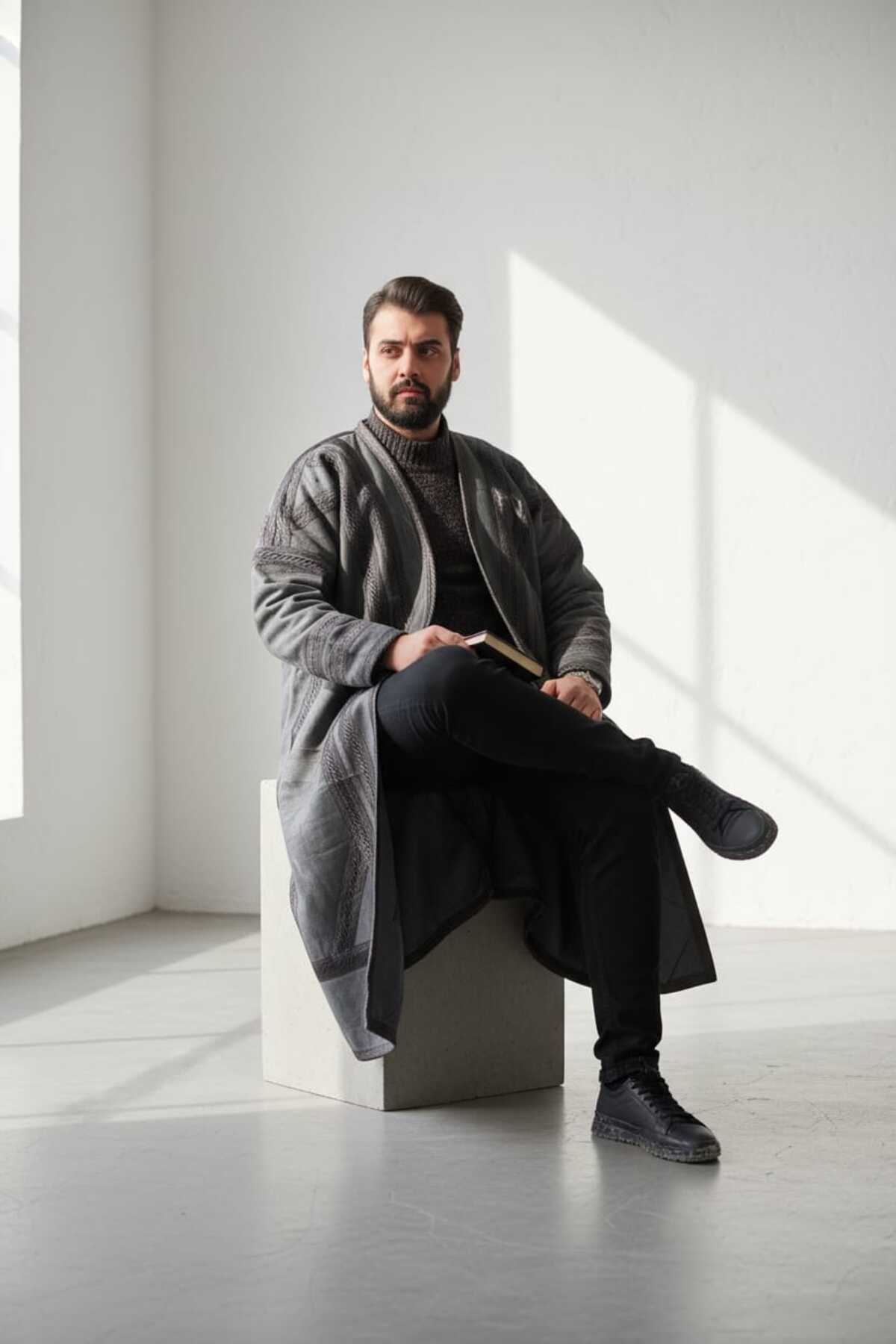 bilqasmi  Erkek Uzun Klasik Kürk Palto Görünümlü Kışlık Dış Giyim Unisex - Görsel 2