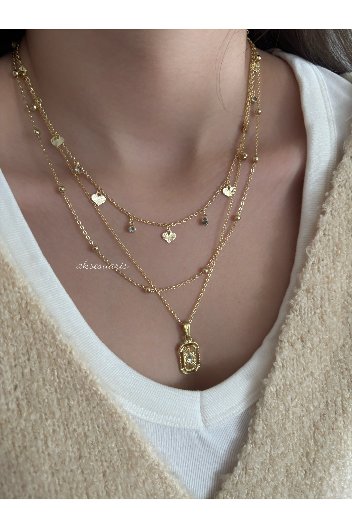 aksesuaris  3'lü Gold Zincir Kalp Ve Zirkon Taş Detay Kadın Kolye - Görsel 4