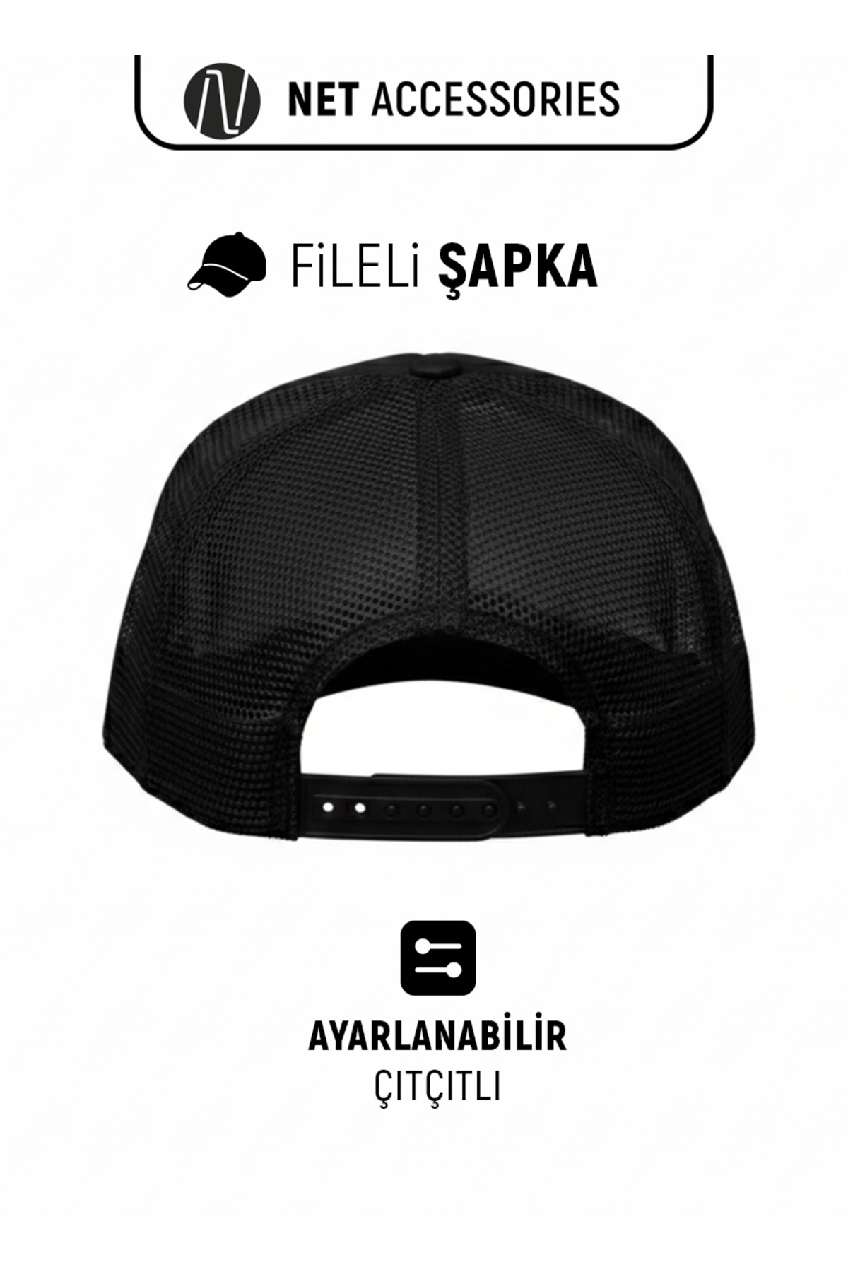 Net Tekstil  Siyah Fileli Ayarlanabilir Çıtçıtlı Spor Şapka Cap Unisex - Görsel 2