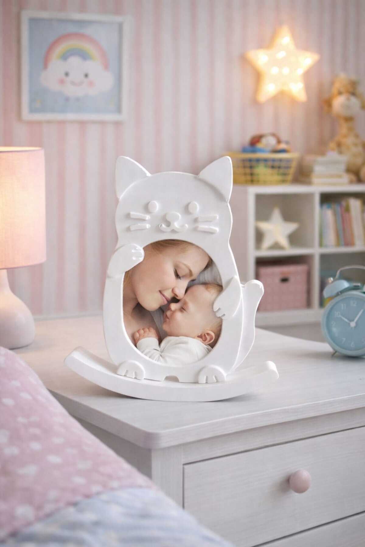 Beton Kedi Figürlü Fotoğraf Çerçevesi | Çocuk Odası Dekoru | Sevimli Masa Üstü Çerçeve