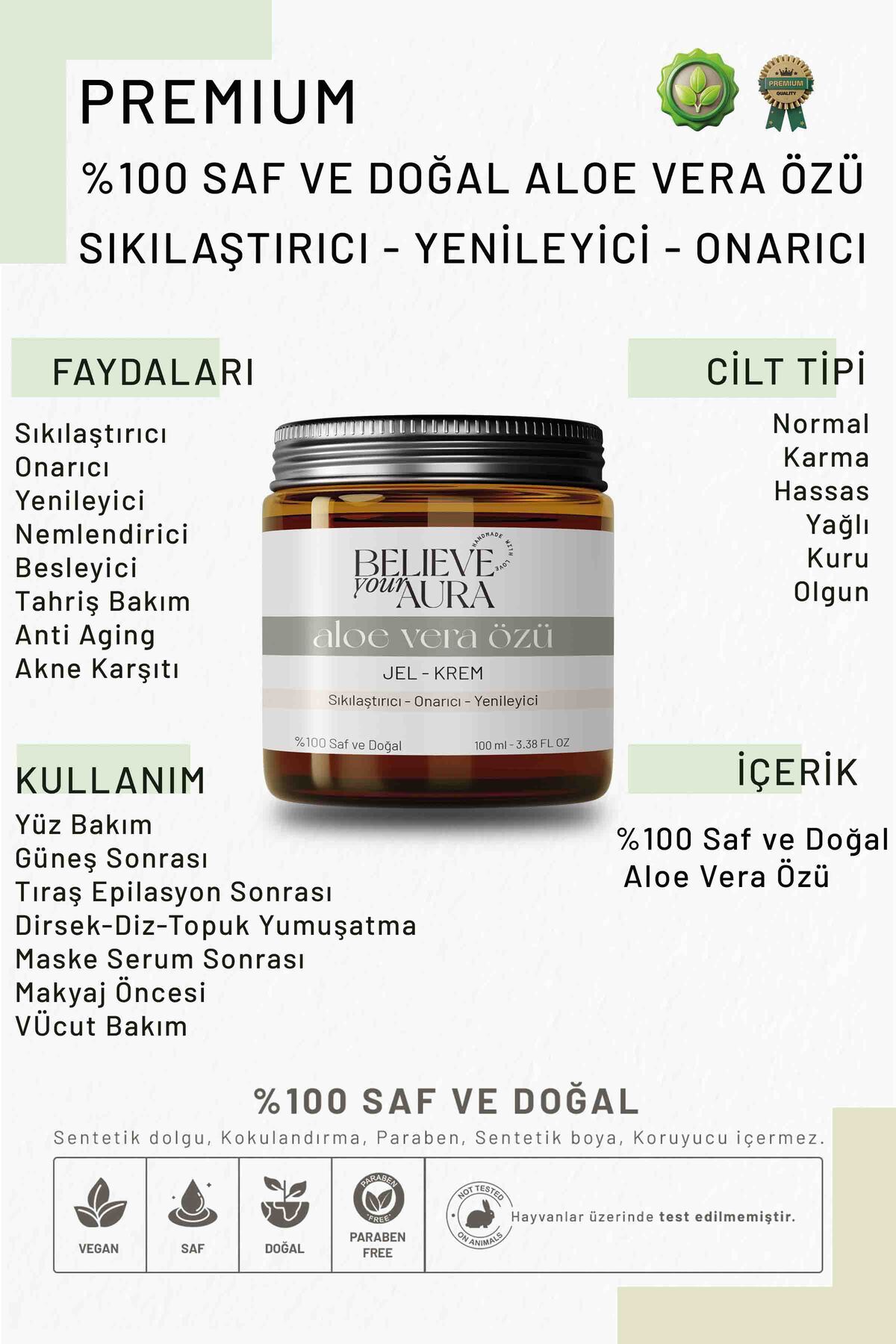 Aloe Vera Jel Kremi - Sıkılaştırıcı Yenileyici Onarıcı %100 Doğal Cilt ve Vücut Bakım Jeli - 100 ml — CRMALV — تصویر 2 از 8
