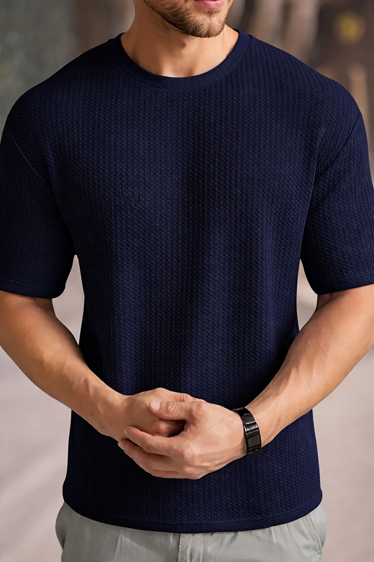 caddekombin  Erkek Robert Waffle Kumaş Bisiklet Yaka Kısa Kol T-shirt