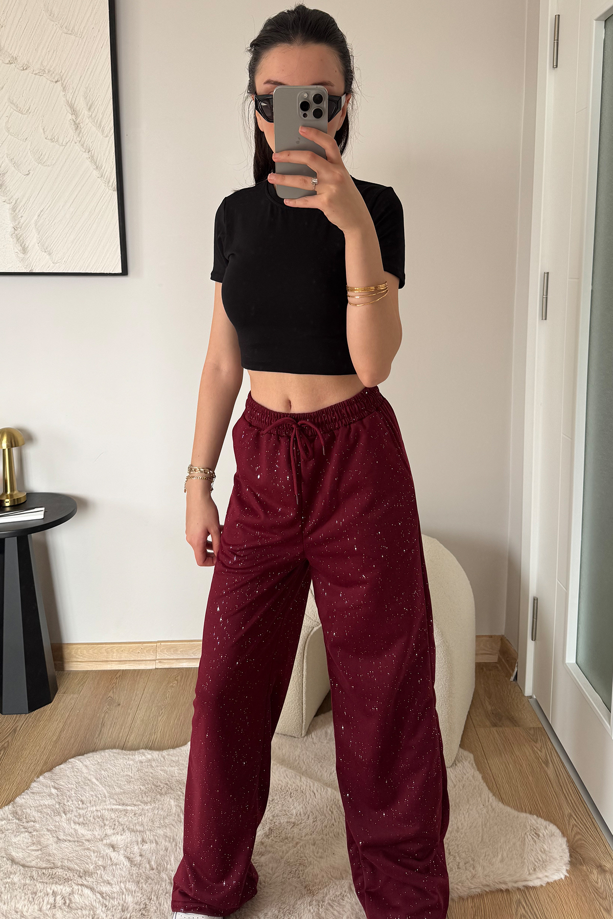 İlayda Toprak  Glow Bordo Cyrstal Detail Simli Bol Kalıp Cool Eşofman Altı - Görsel 4