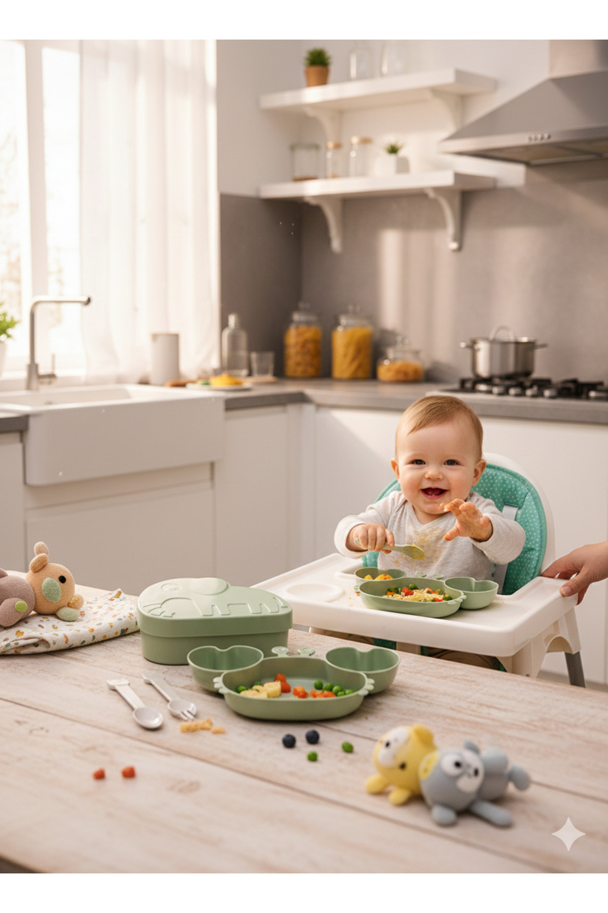 Woodeso Bebek Ek Gıda Seti-Yengeç Bölmeli Mama Tabağı, Çatal, Kaşık, Fil Şekilli Saklama Kabı (4 Parça) fotoğrafı 2 (önizleme)