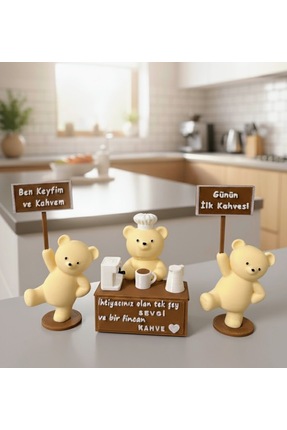 4 Family Barista Ayıcık Ve Tabelalı Kahve Dostları 3’lü Set - Şef Şapkalı Dek...