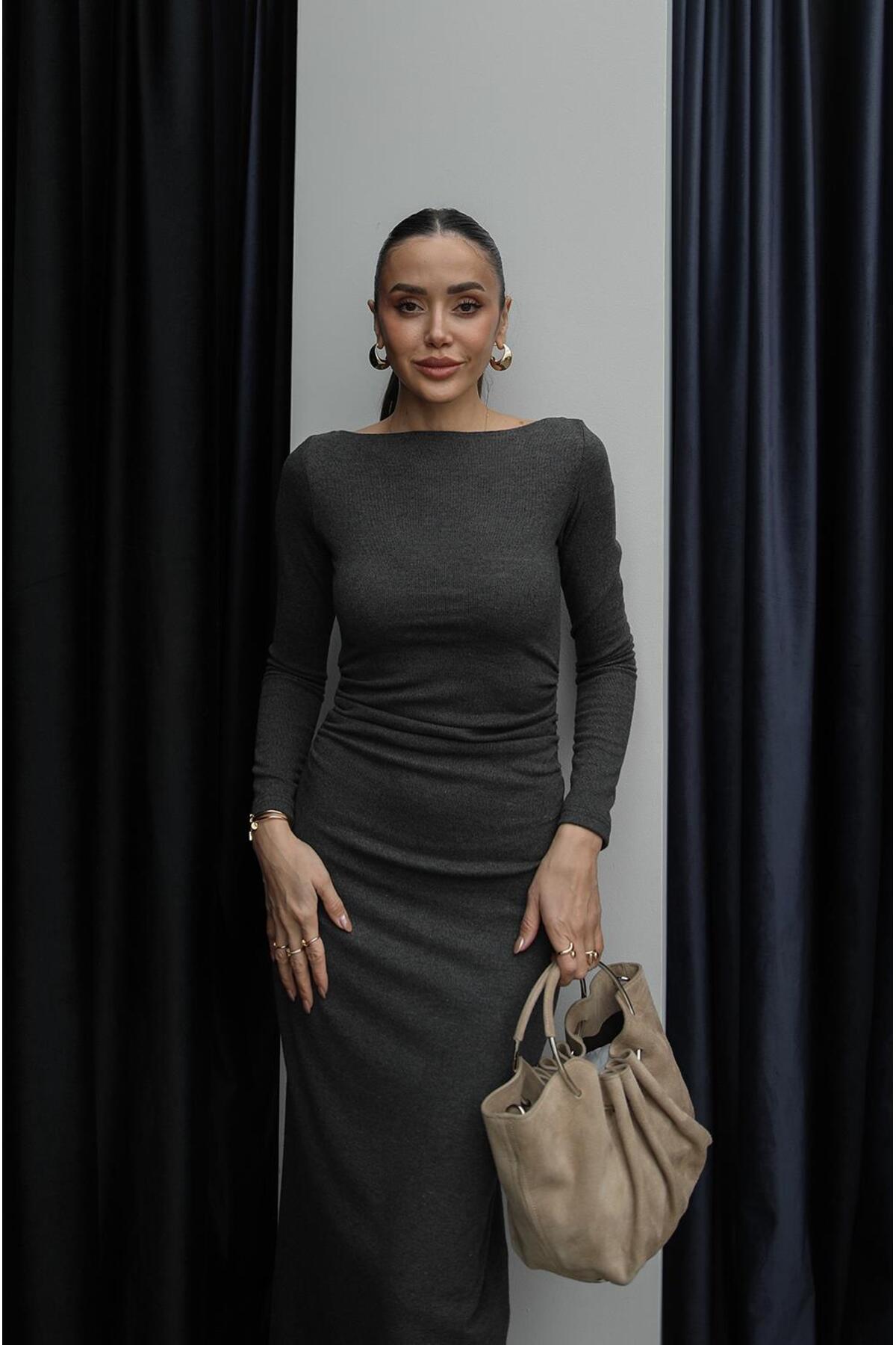 Havoş  Antrasit Yanları Drapeli Kayık Yaka Elbise - Görsel 4