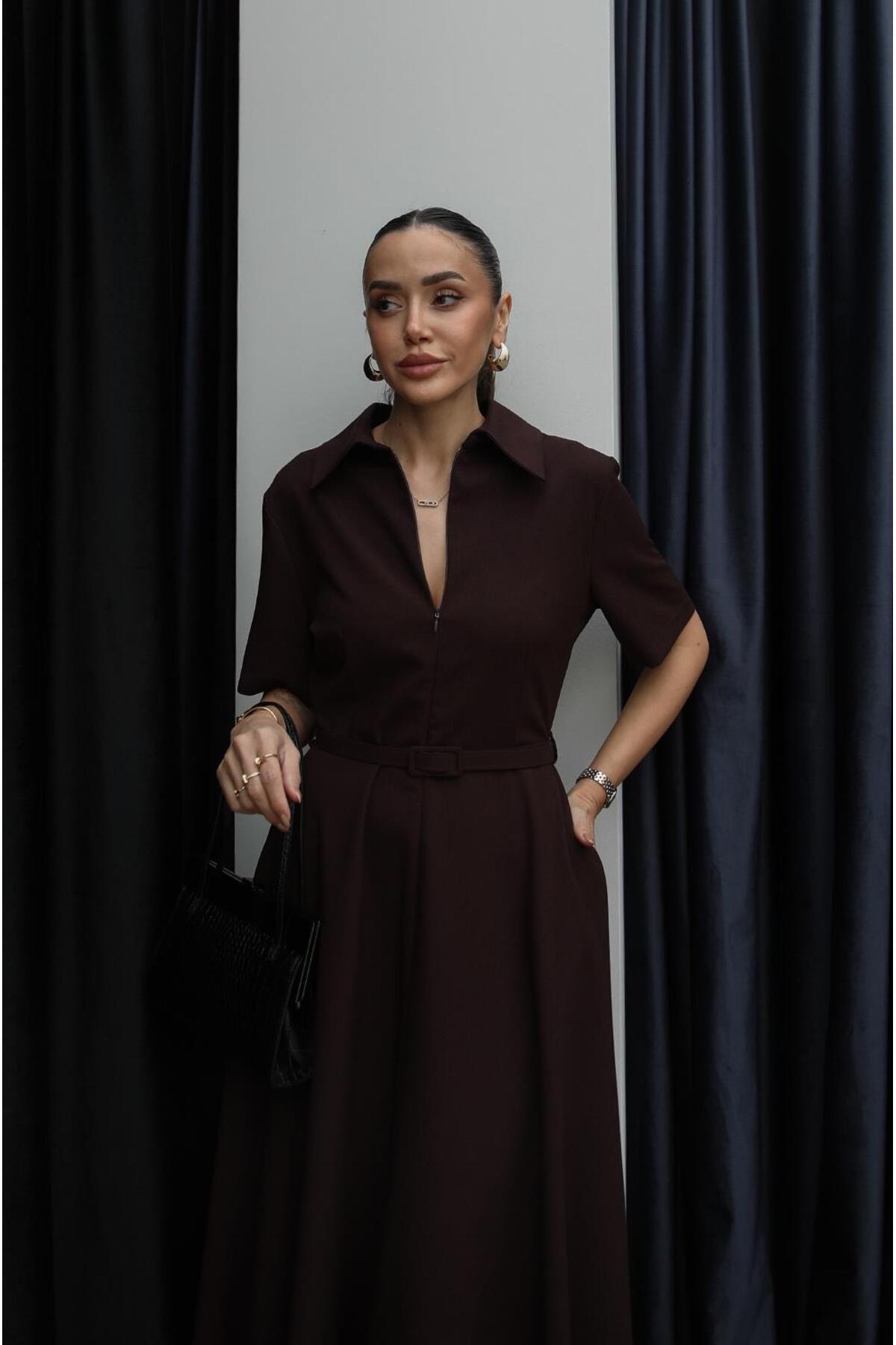 Havoş  Mürdüm Ward İnce Kemerli Elbise - Görsel 5