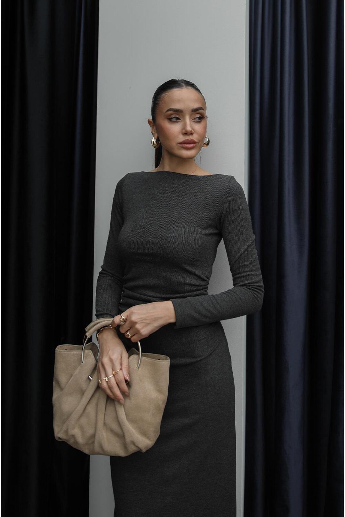 Havoş  Antrasit Yanları Drapeli Kayık Yaka Elbise - Görsel 3