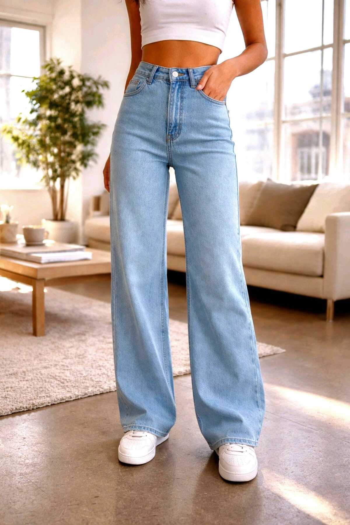 Pena Lycra No Fade Light Blue Snow Wash Super High Waist Loose Jeans Palazzo Trousers