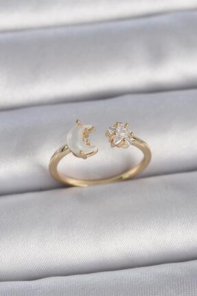 Oflia Gold Renk İncili Hilal Zirkon Taşlı Yıldız Ayarlanabilir Model Kadın Yüzük