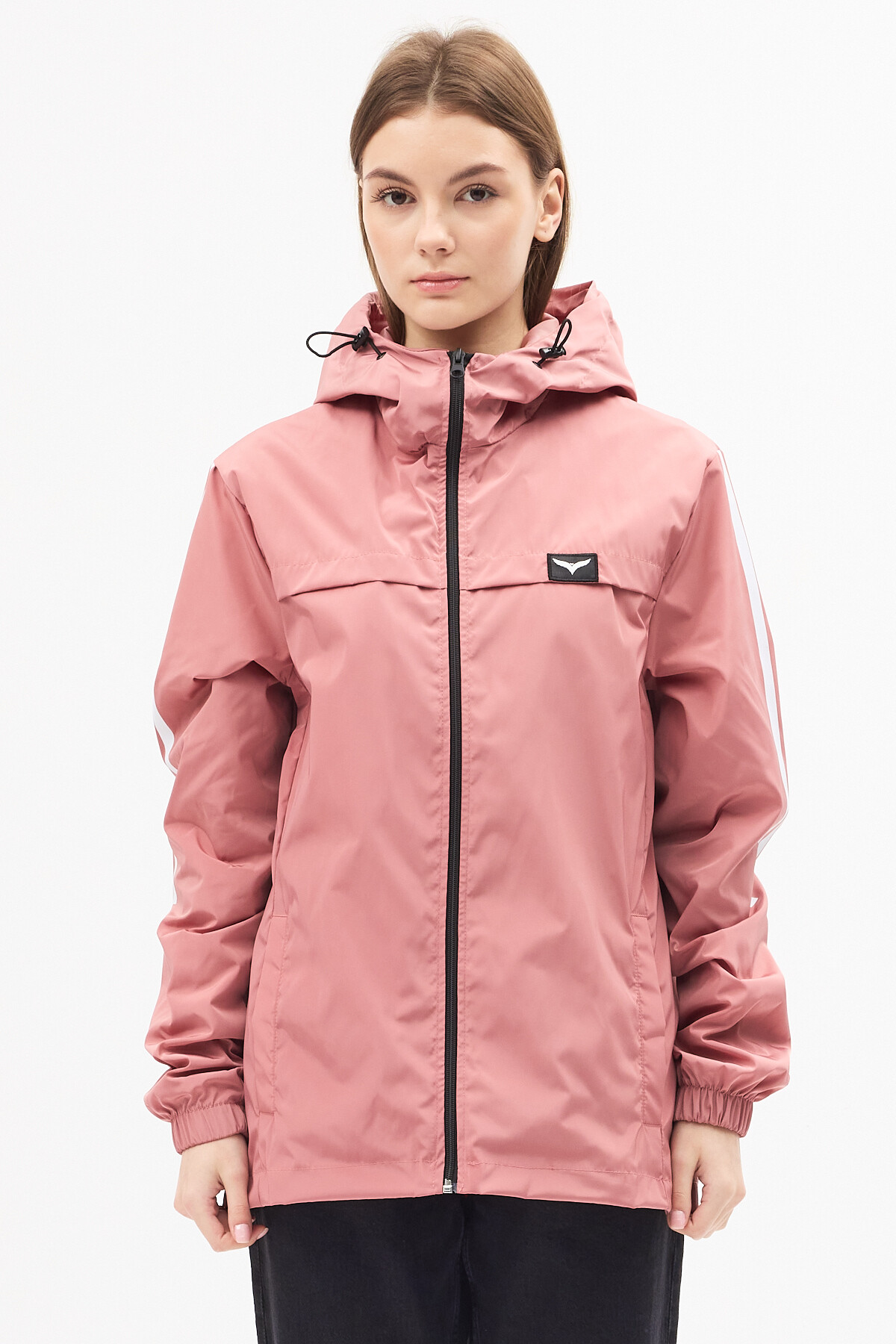 LEVEL HİGH  Kadın Pudra Kapüşonlu Şerit Detaylı Suya Dayanıklı Mevsimlik Yağmurluk - Görsel 3