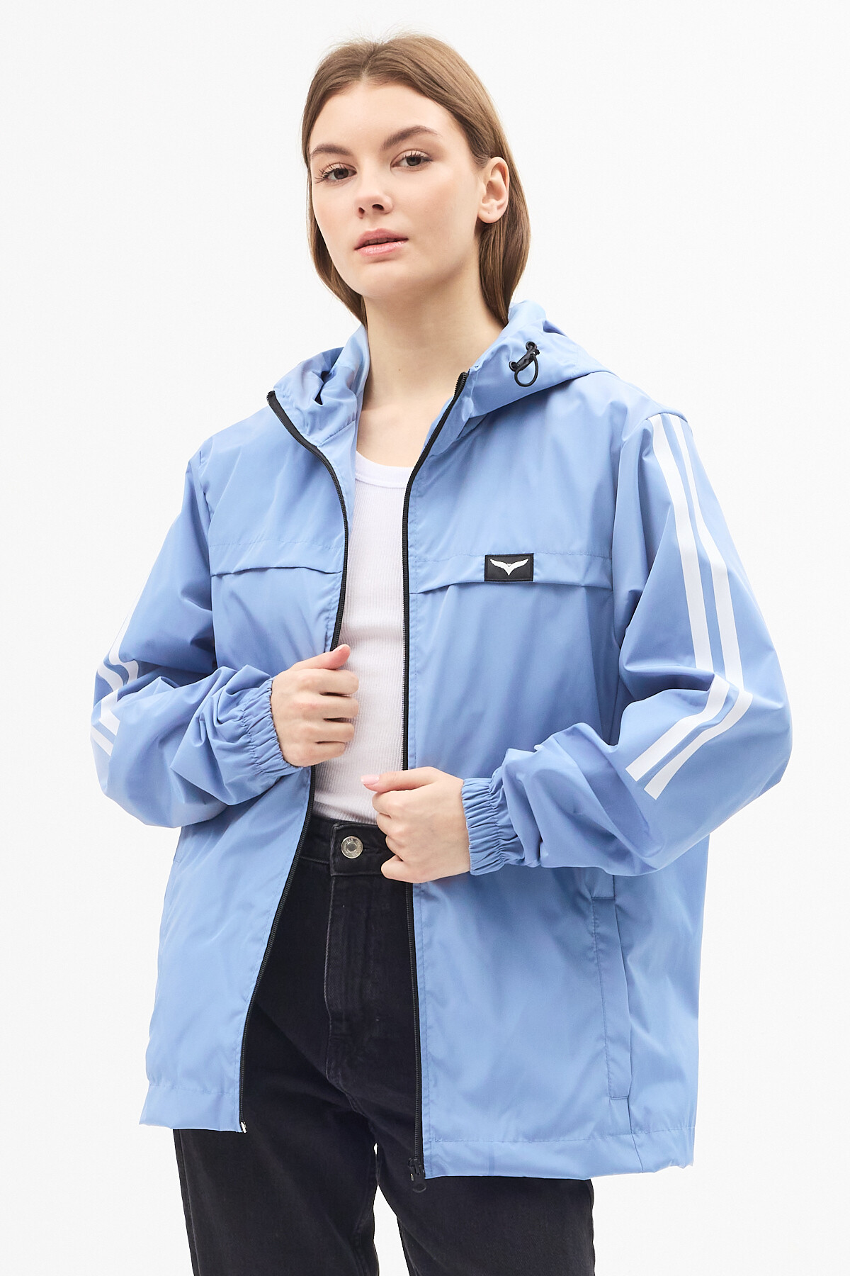 LEVEL HİGH  Kadın Mavi Kapüşonlu Şerit Detaylı Suya Dayanıklı Mevsimlik Yağmurluk - Görsel 3