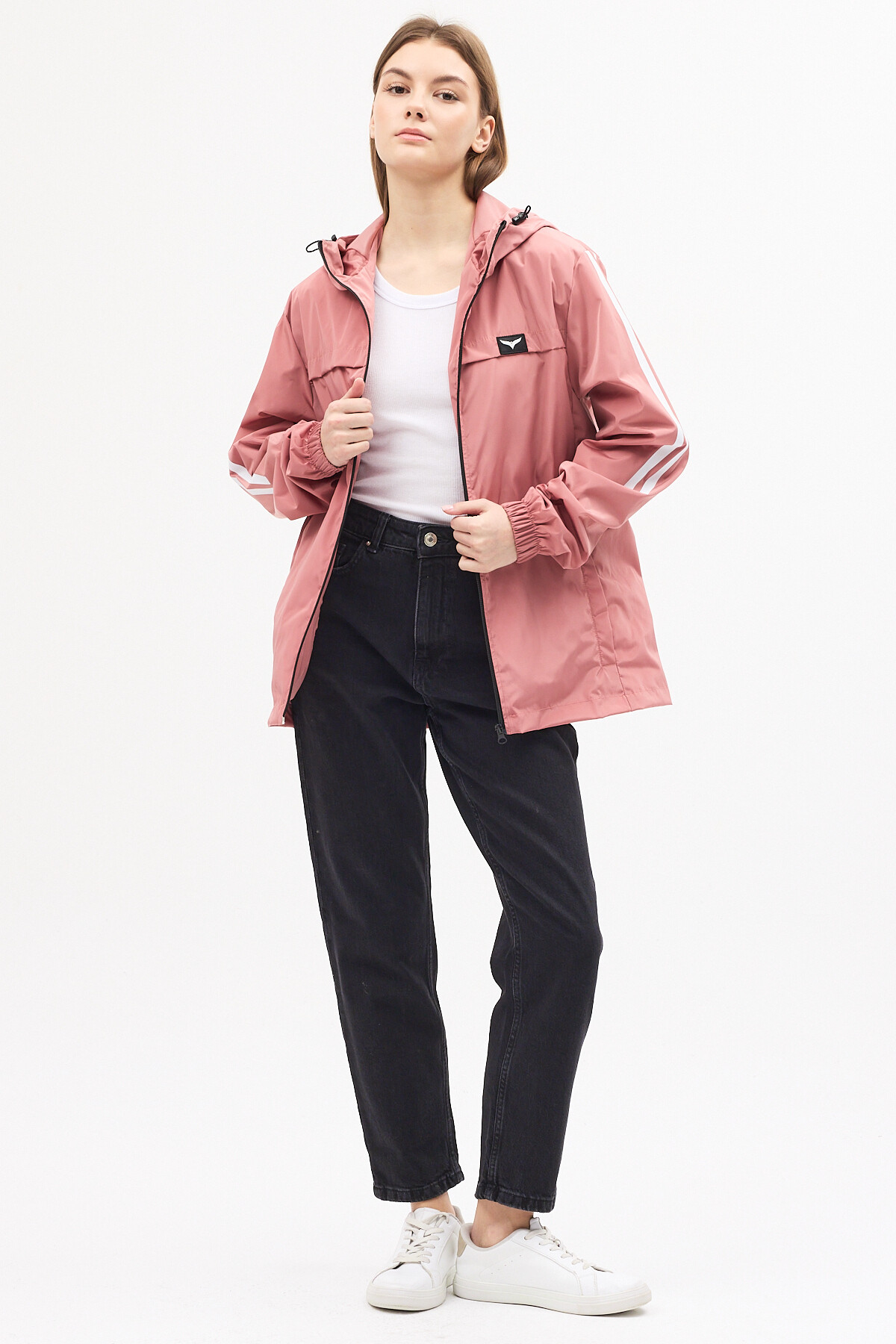 LEVEL HİGH  Kadın Pudra Kapüşonlu Şerit Detaylı Suya Dayanıklı Mevsimlik Yağmurluk - Görsel 5