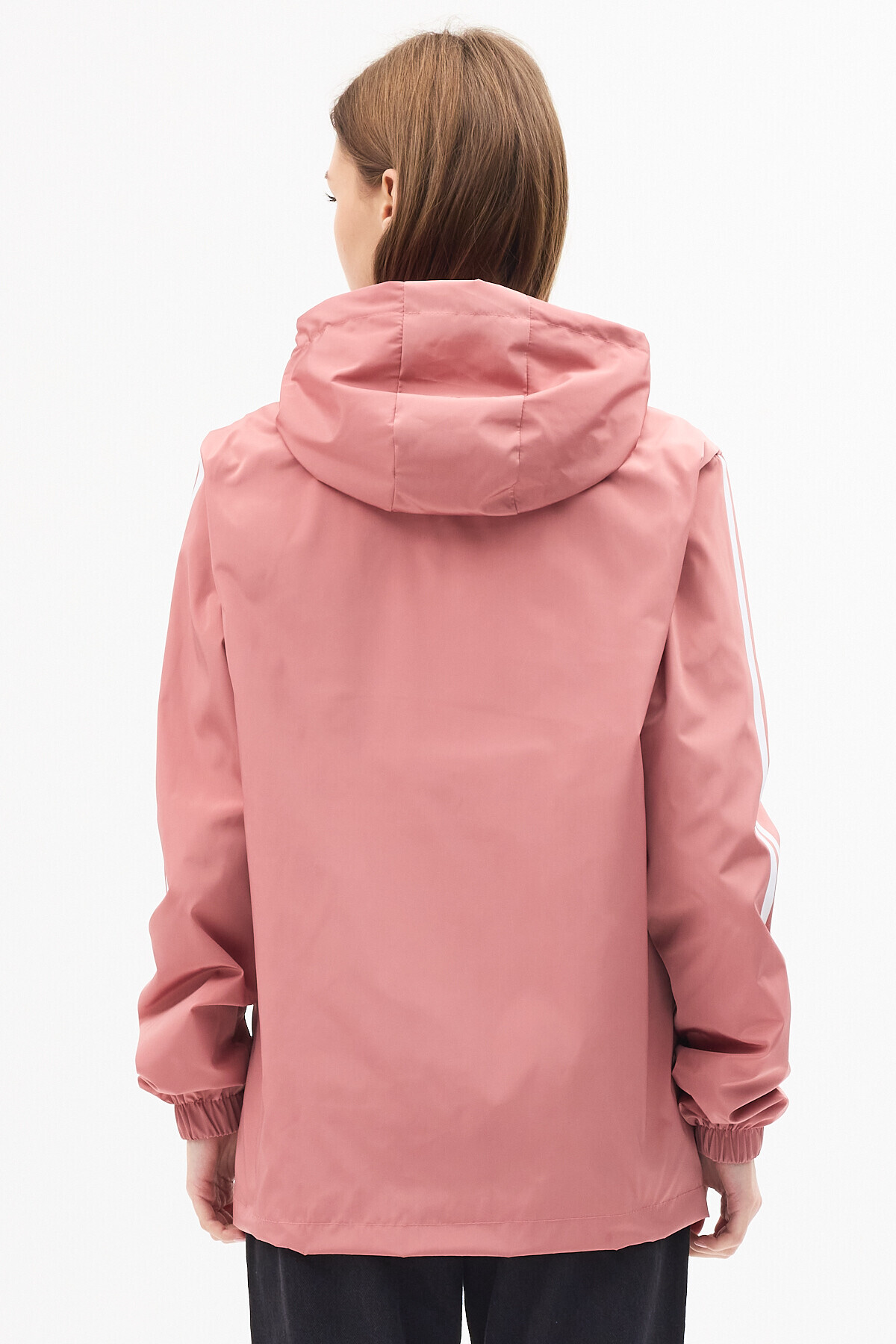 LEVEL HİGH  Kadın Pudra Kapüşonlu Şerit Detaylı Suya Dayanıklı Mevsimlik Yağmurluk - Görsel 4