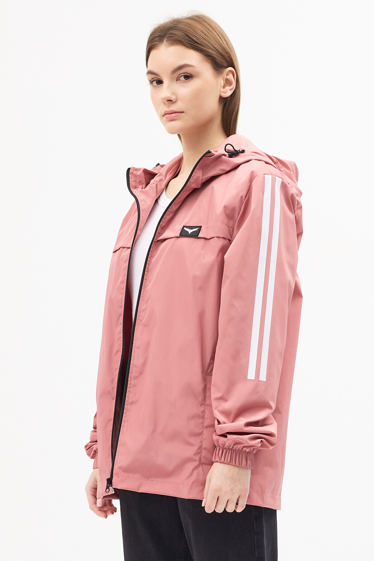 LEVEL HİGH  Kadın Pudra Kapüşonlu Şerit Detaylı Suya Dayanıklı Mevsimlik Yağmurluk