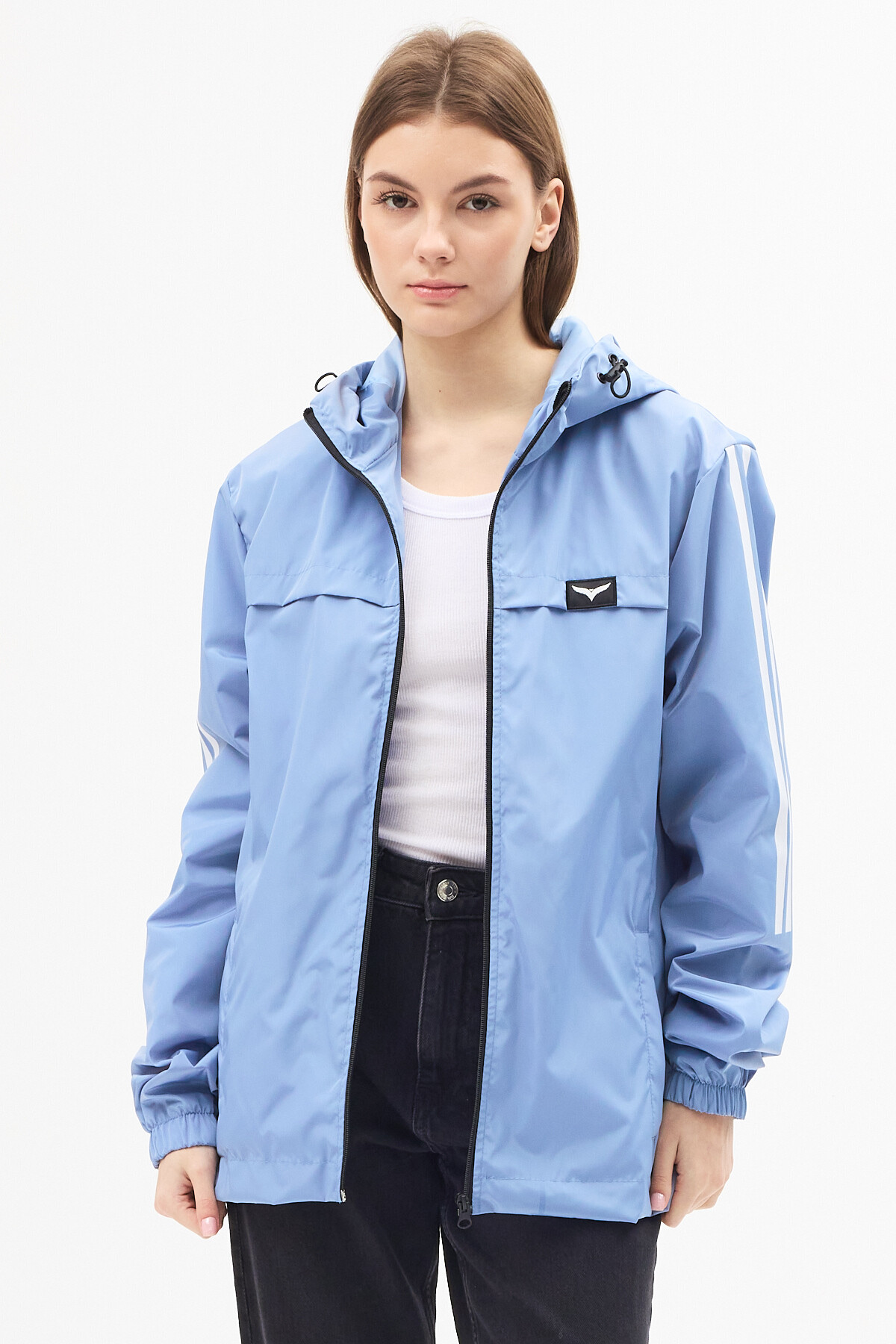 LEVEL HİGH  Kadın Mavi Kapüşonlu Şerit Detaylı Suya Dayanıklı Mevsimlik Yağmurluk - Görsel 2