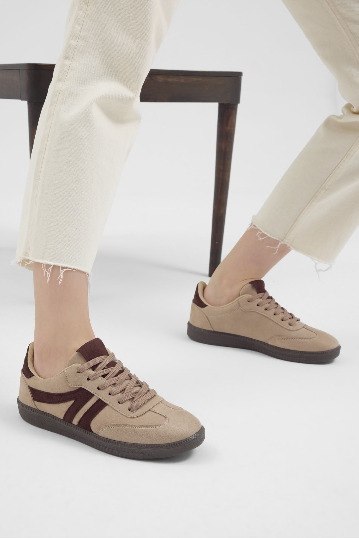 Tonny Black  Kadın Bej Kahve Termo Taban Yanı Şeritli Bağcıklı Günlük Rahat Spor Ayakkabı - Görsel 4