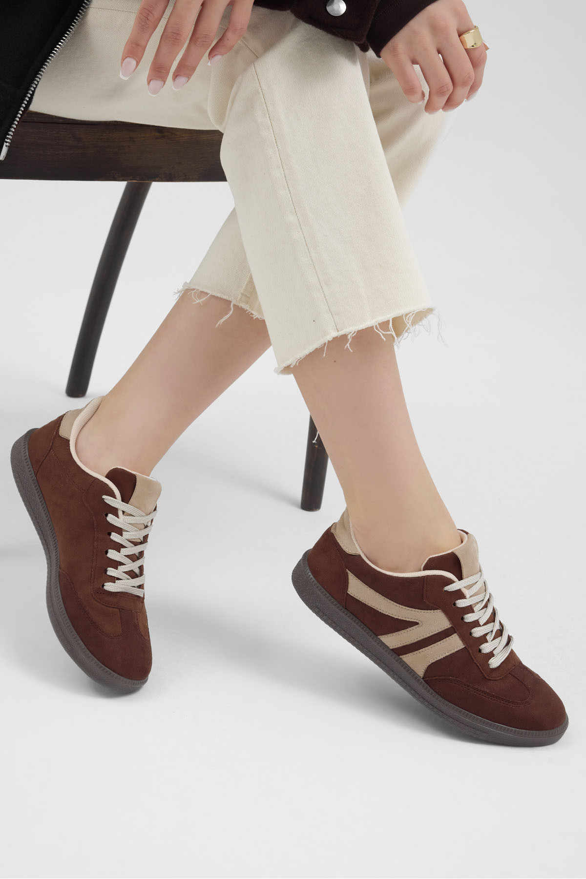 Tonny Black  Kadın Kahve Bej Termo Taban Yanı Şeritli Bağcıklı Günlük Rahat Spor Ayakkabı - Görsel 6