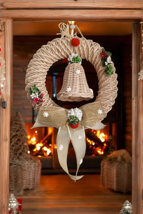 MaviMarinUrla El Yapımı Bambu Rattan Kapı Çelengi Çan Detaylı Hasır Kapı Süsü...