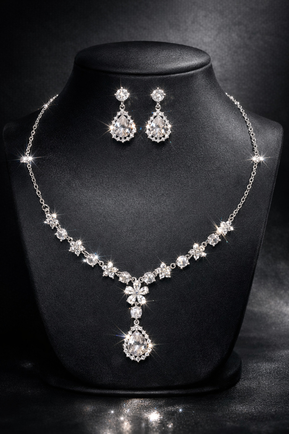Zircon Waterway Set Rhodium Plated Selena Model Wedding Set Engagement Set Necklace Earrings Jewelry Set