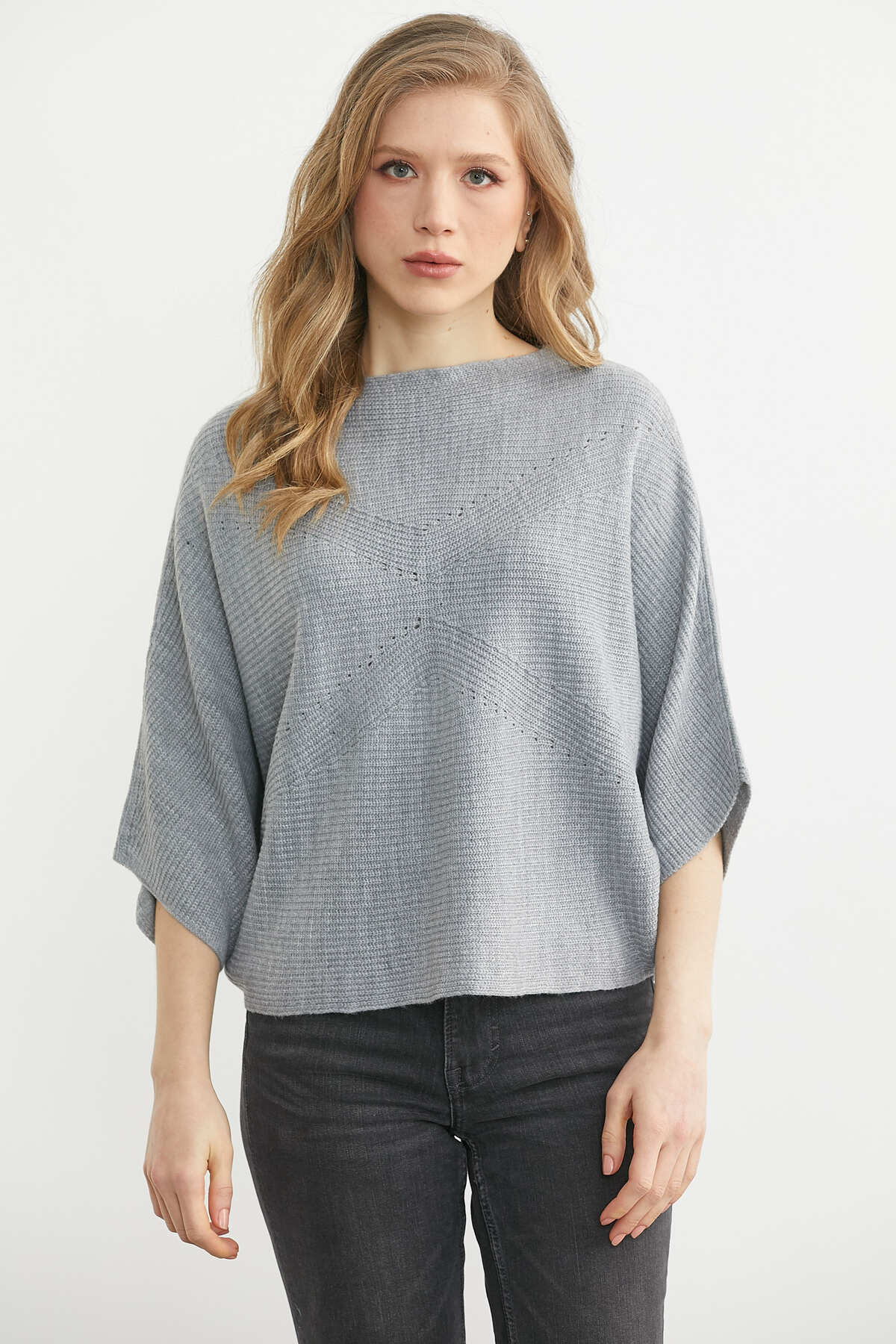 Sementa  Kayık Yaka Triko Panço Kazak - Gri - Görsel 3