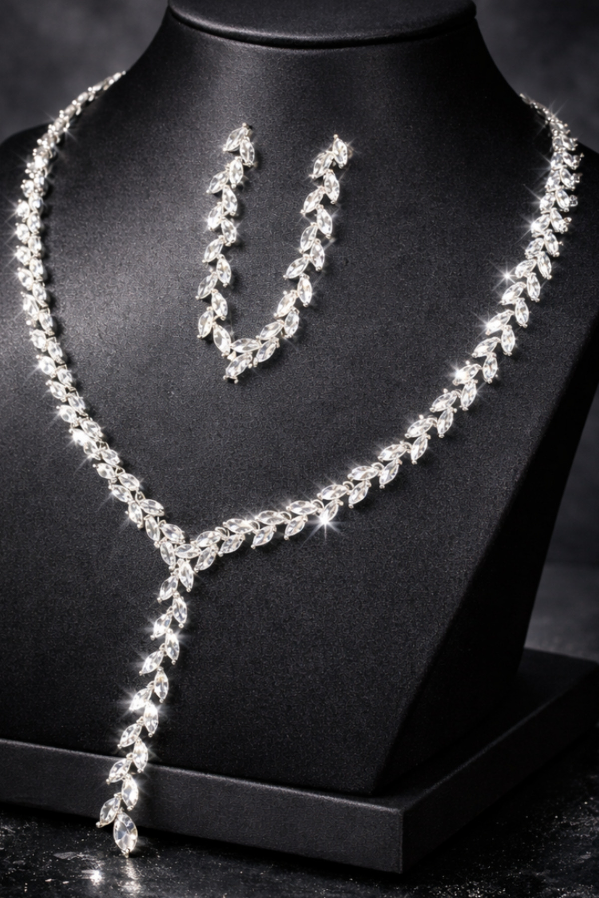 Zircon Waterway Set Rhodium Plated Estrella Model Wedding Set Engagement Set Necklace Earrings Jewelry Set