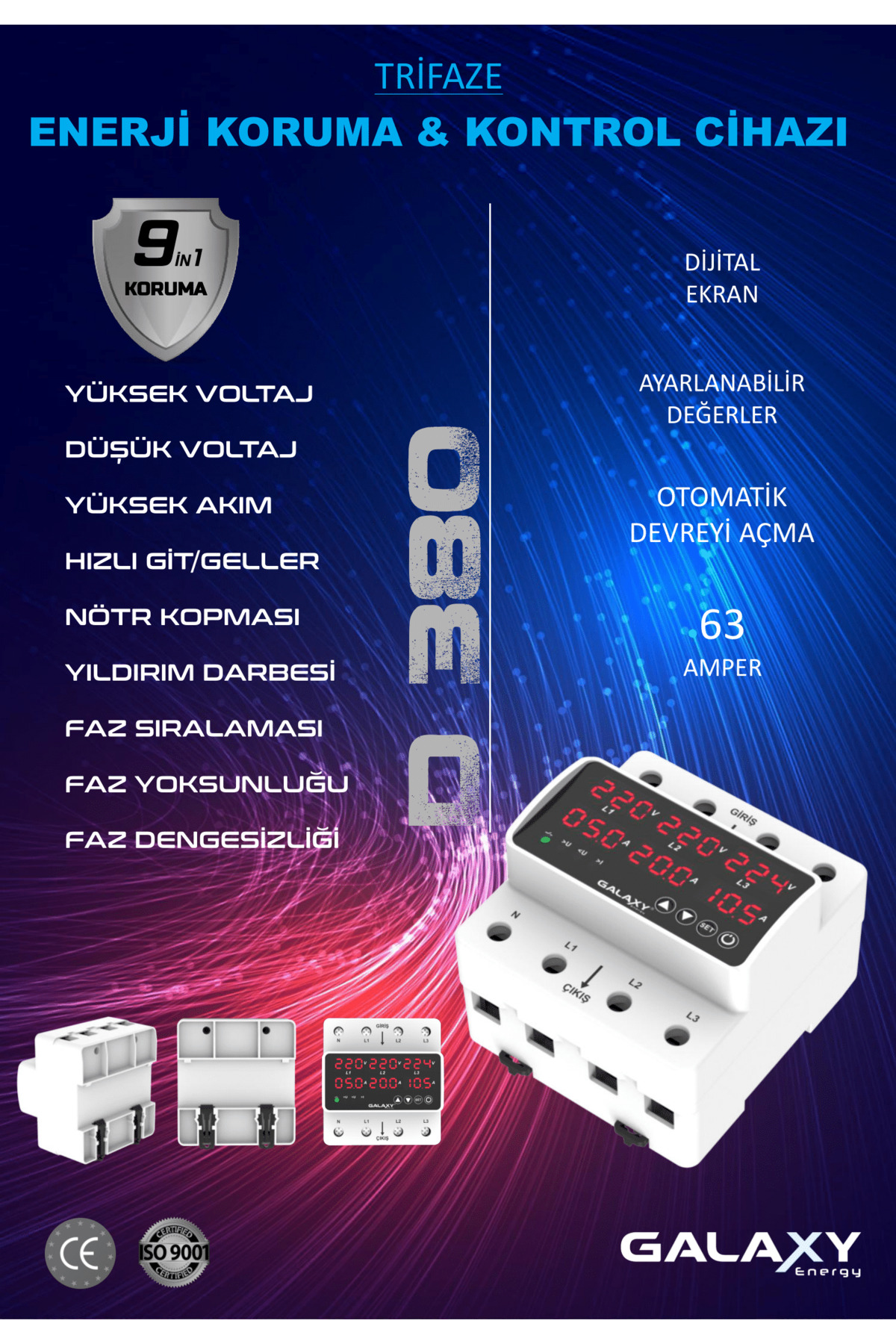 セーヌ Galaxy GALAXY Energy Galaxy D380 D380 Trifaze Akım Kontrol Cihazı 63A