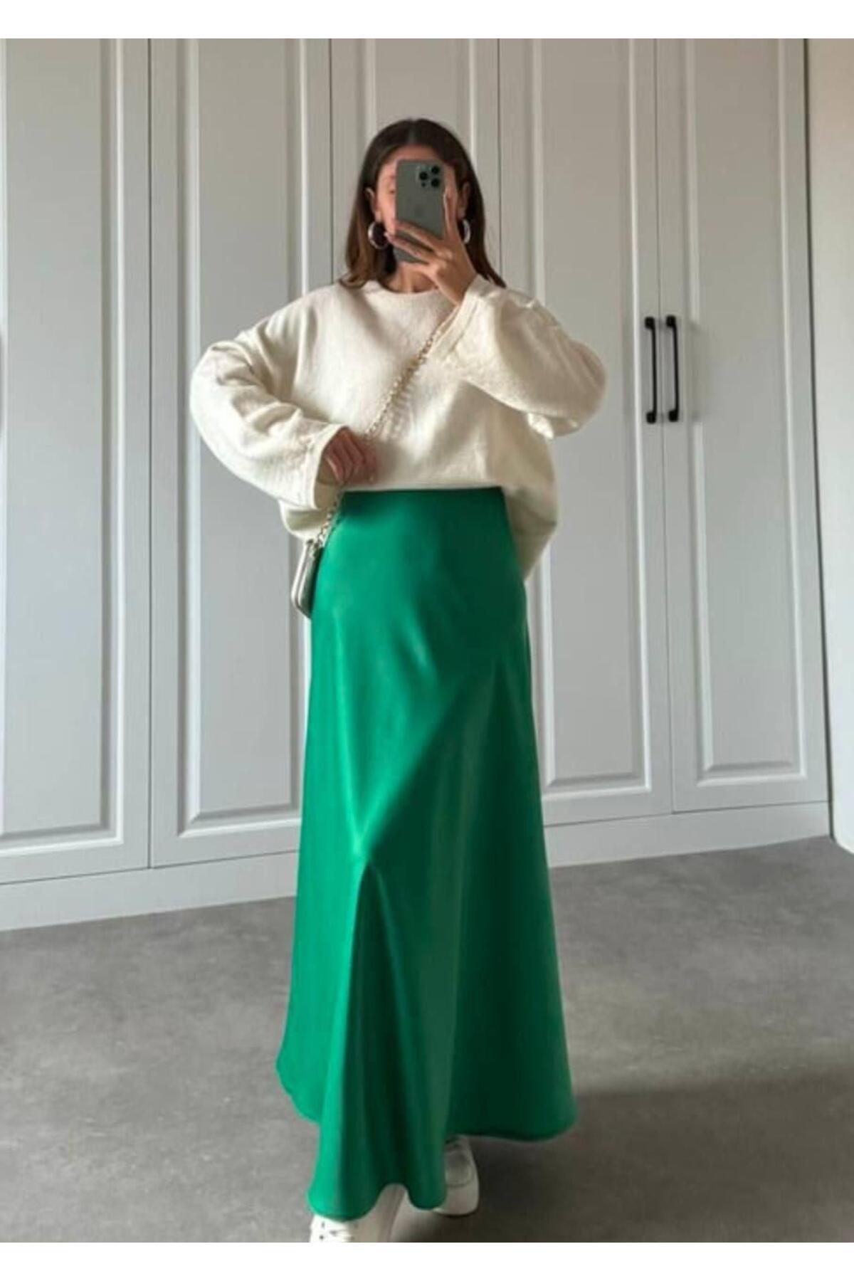 Women's Emerald Green Elastic Waist Satin Skirt