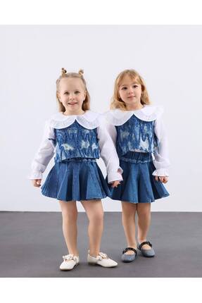 sobekidstore kız çocuk denim 3lü takım gömlek,yelek,etek bayramlık takım,tam ...