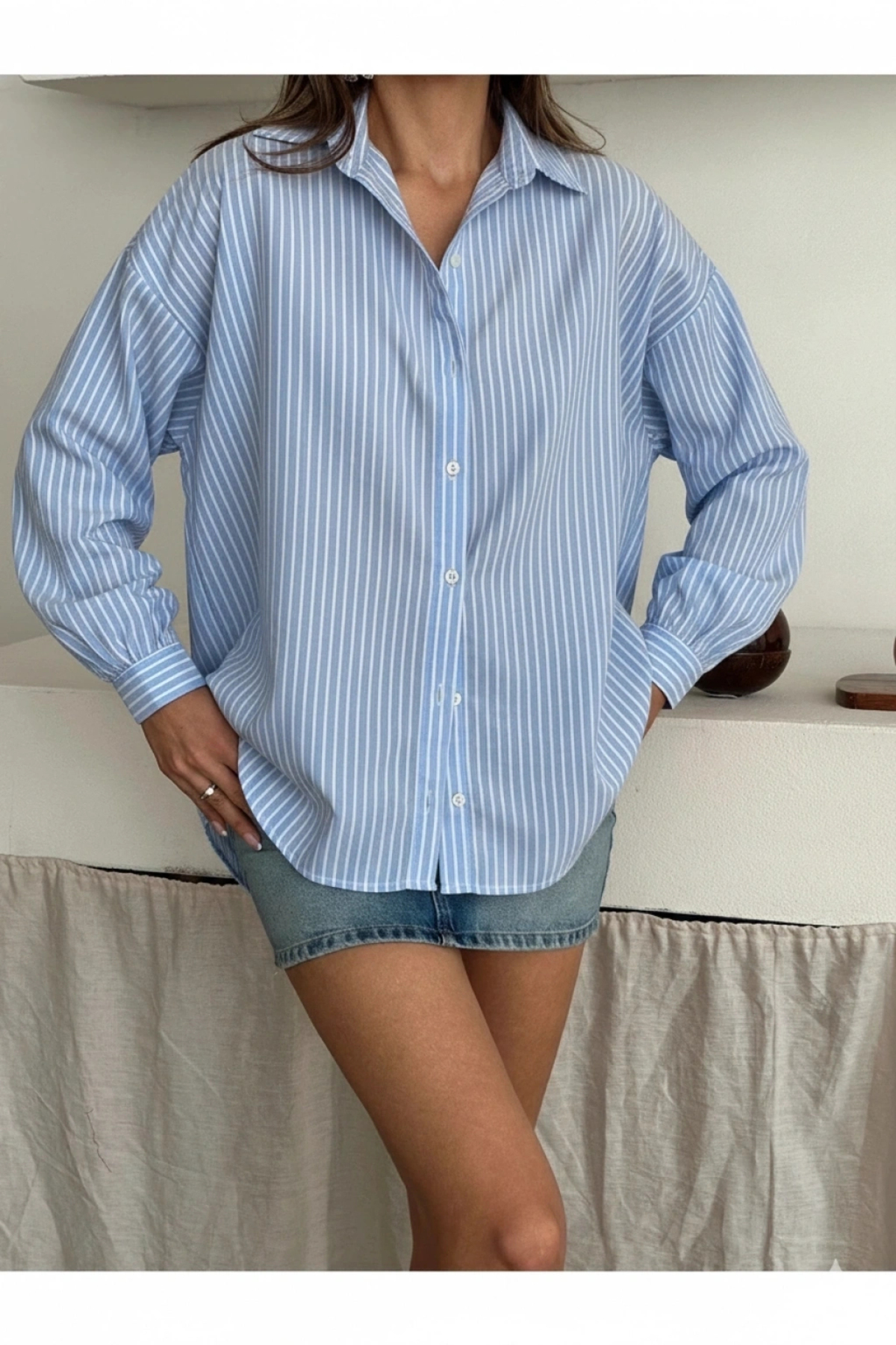 Lusin  Kadın Bebe Mavisi Premium Kalite Çizgili Oversize Balon Kol Gömlek - Görsel 6