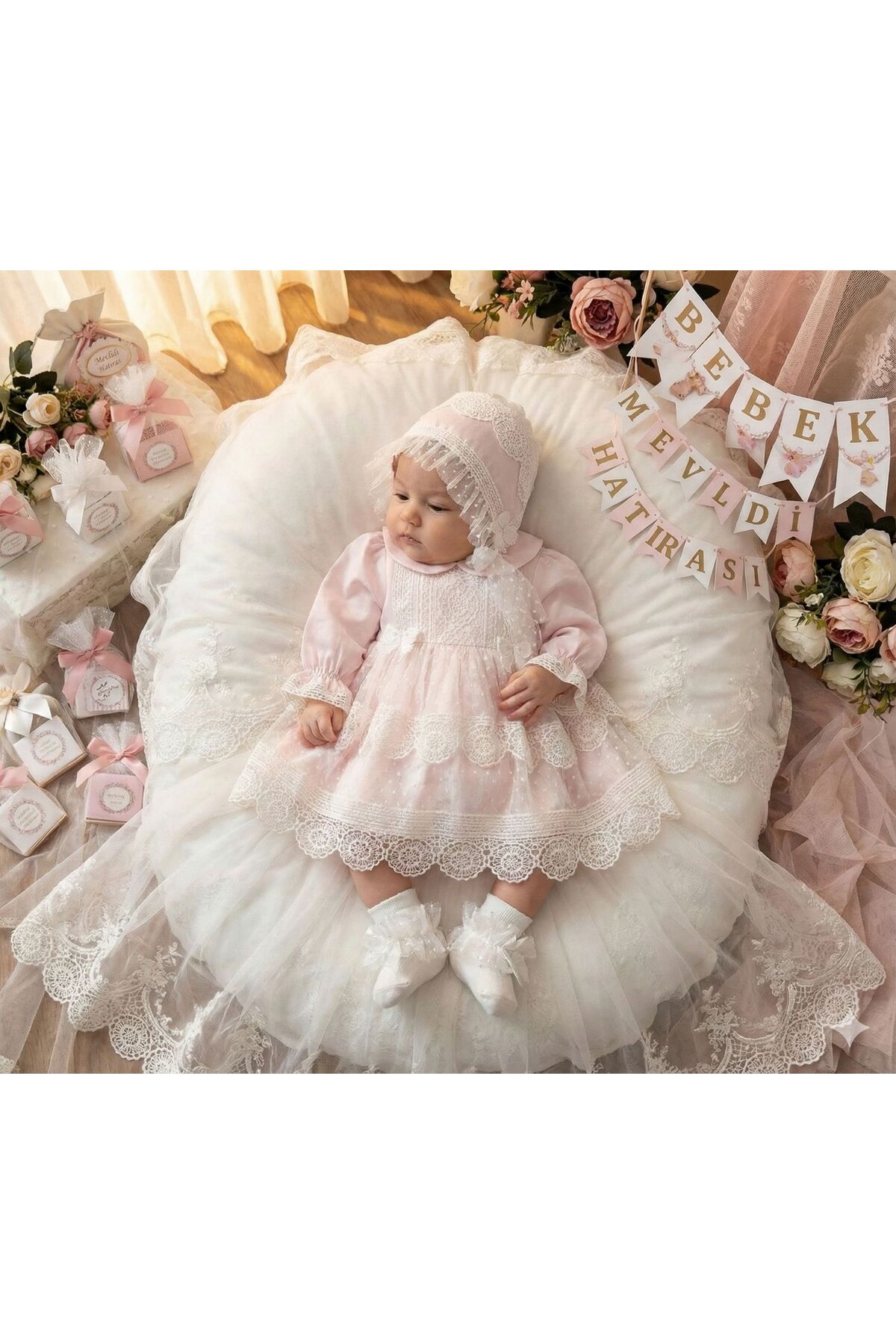 LisaLoom Baby Girl Lace Dress Newborn Luxury Dress Set - Hospital Discharge and Religious Ceremony Set