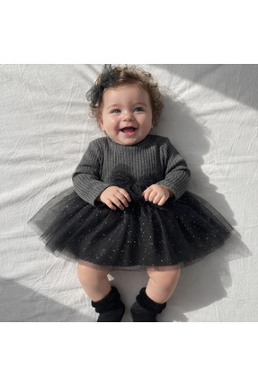 MİNİKİNCİBABY Simli Tül Etekli Klips Tül Fiyonk Tokalı Elbise