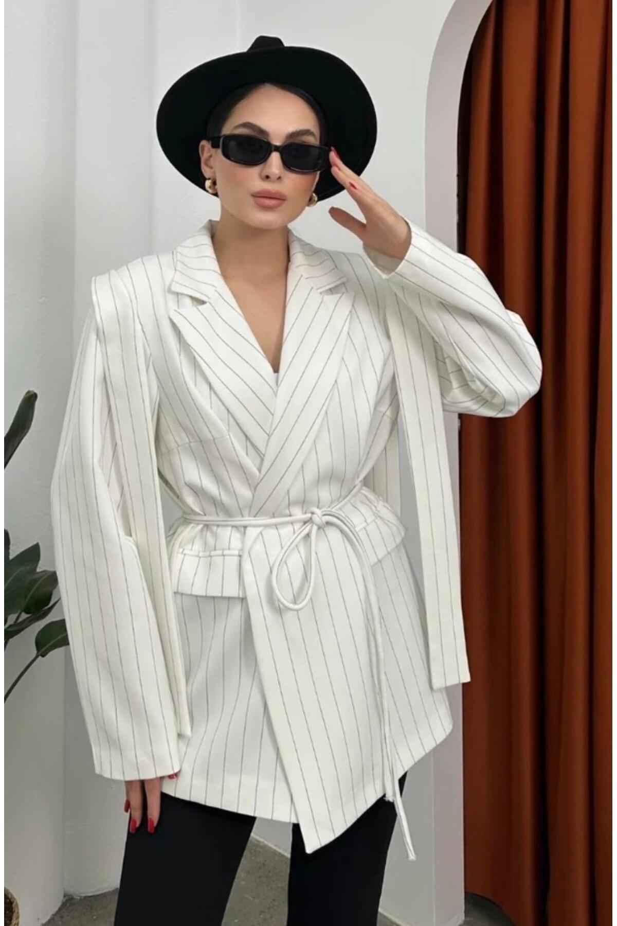 Women's Striped Belted Shoulder Detailed Blazer Jacket