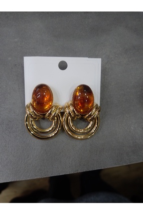EXCLUSIV Gold renk kahve taşlı çelik küpe