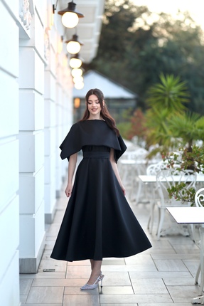 MEİZA KADIN SİYAH PELERİN DETAY ABİYE ELBİSE