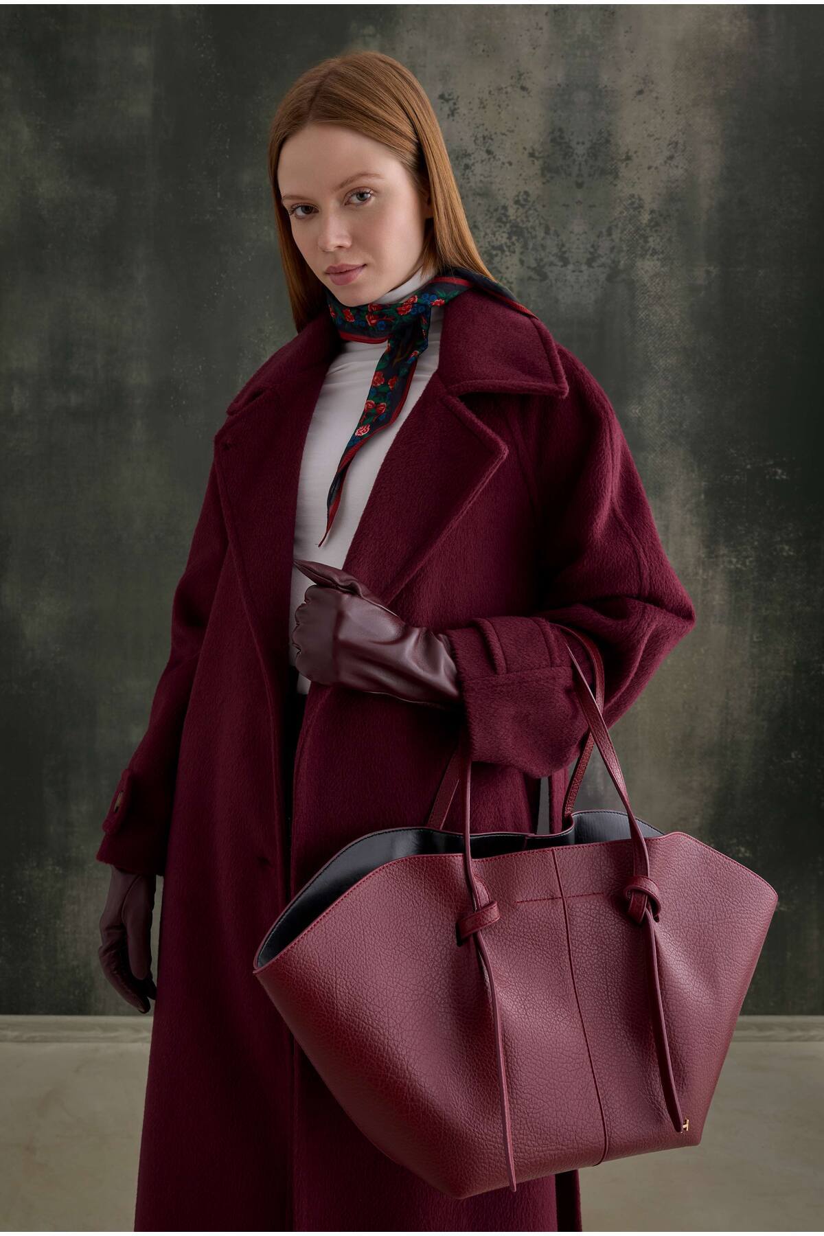 HEQA Kuşaklı Uzun Kaban Bordo görsel 5