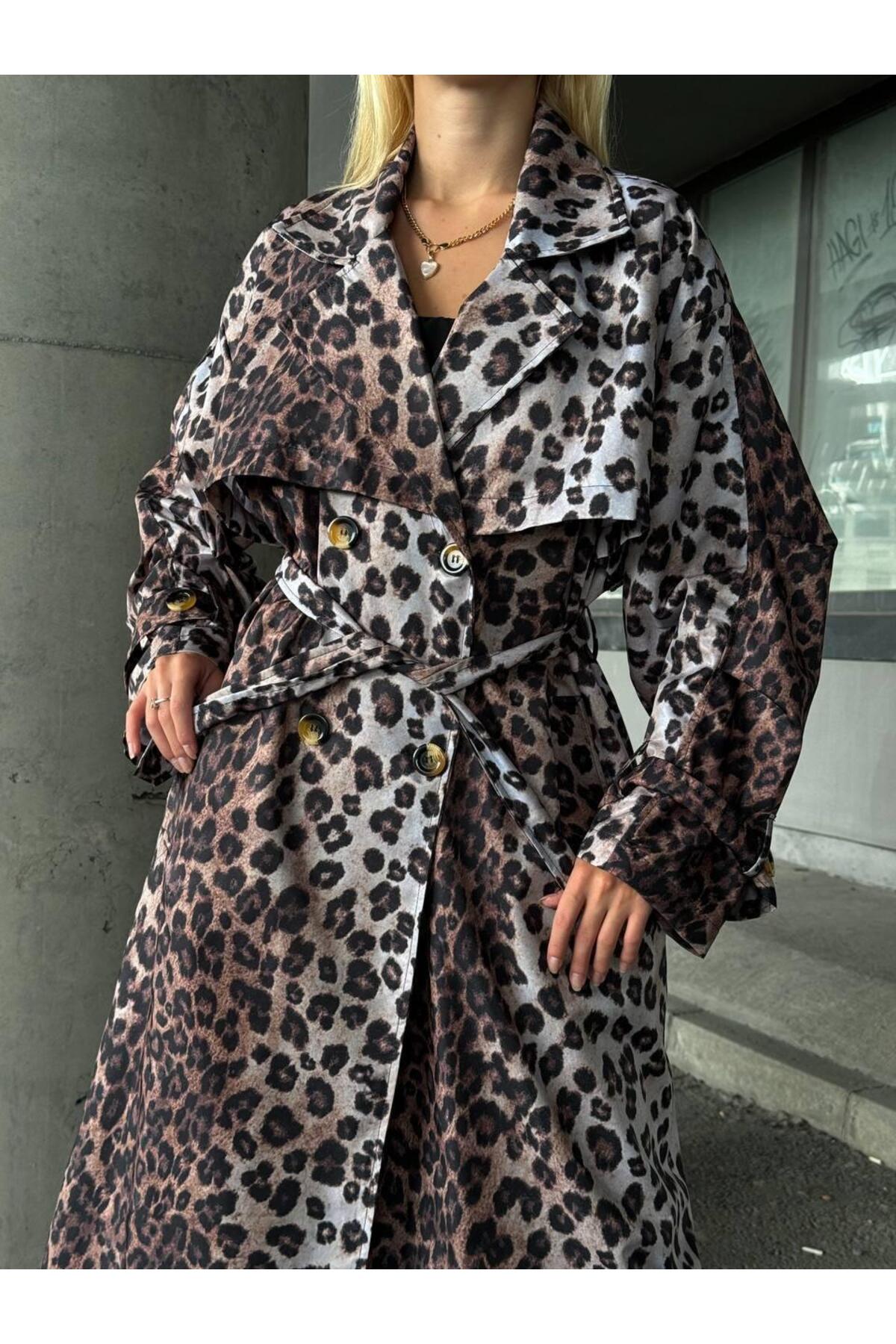 MAESTRO WOMAN Kadın Leopar Desenli Kuşaklı Uzun Trençkot görsel 4