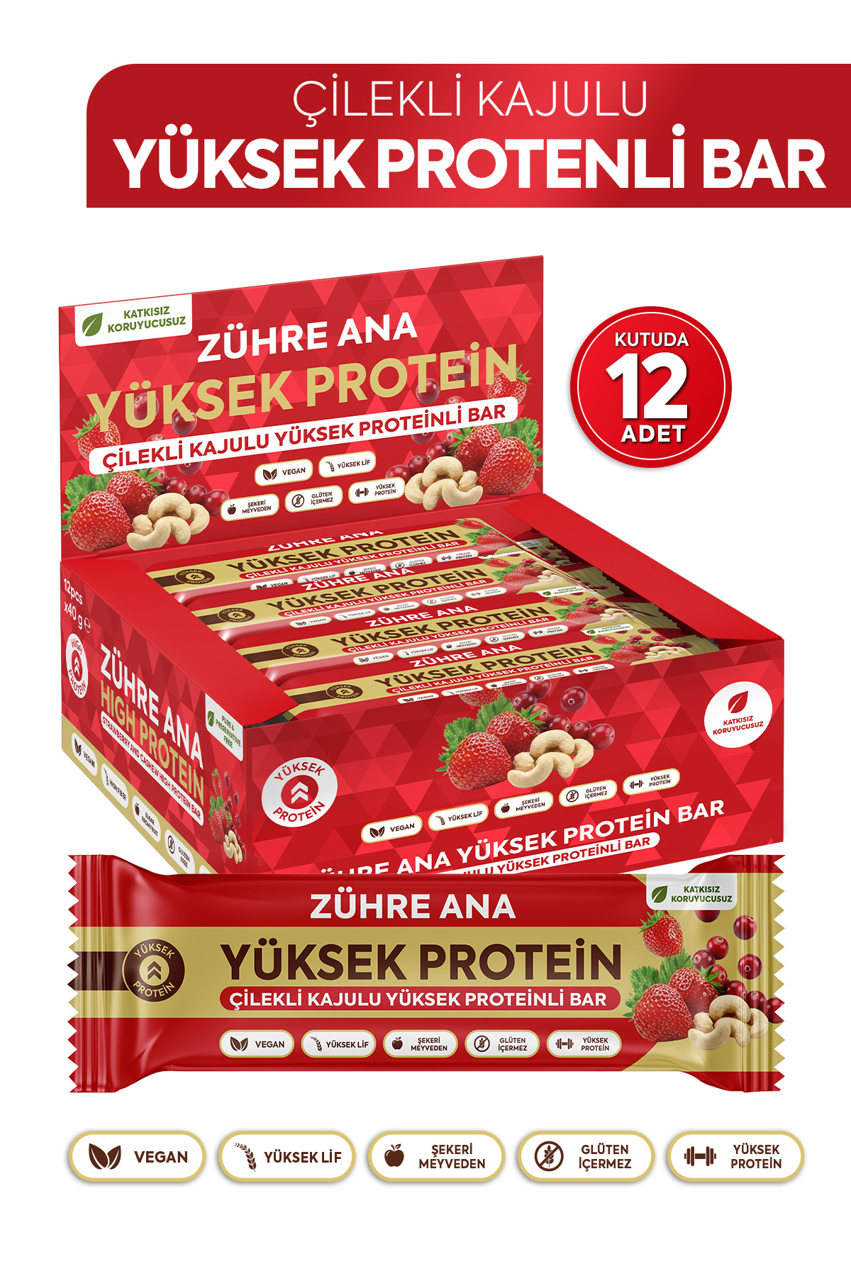 Zühre Ana Çilekli Kajulu Yüksek Proteinli Bar, Şeker İlavesiz 40 gr x 12 Adet - Fiyatı, Yorumları