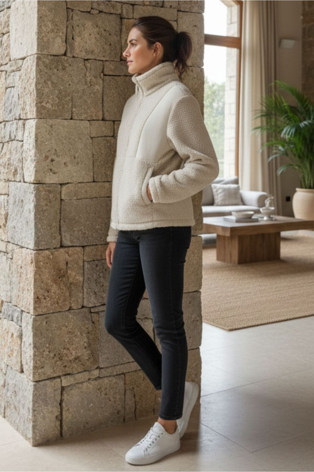 KNUP  NAP Kadın Ekru Fermuarlı Peluş Polar Ceket - Sherpa Kumaş - Görsel 2