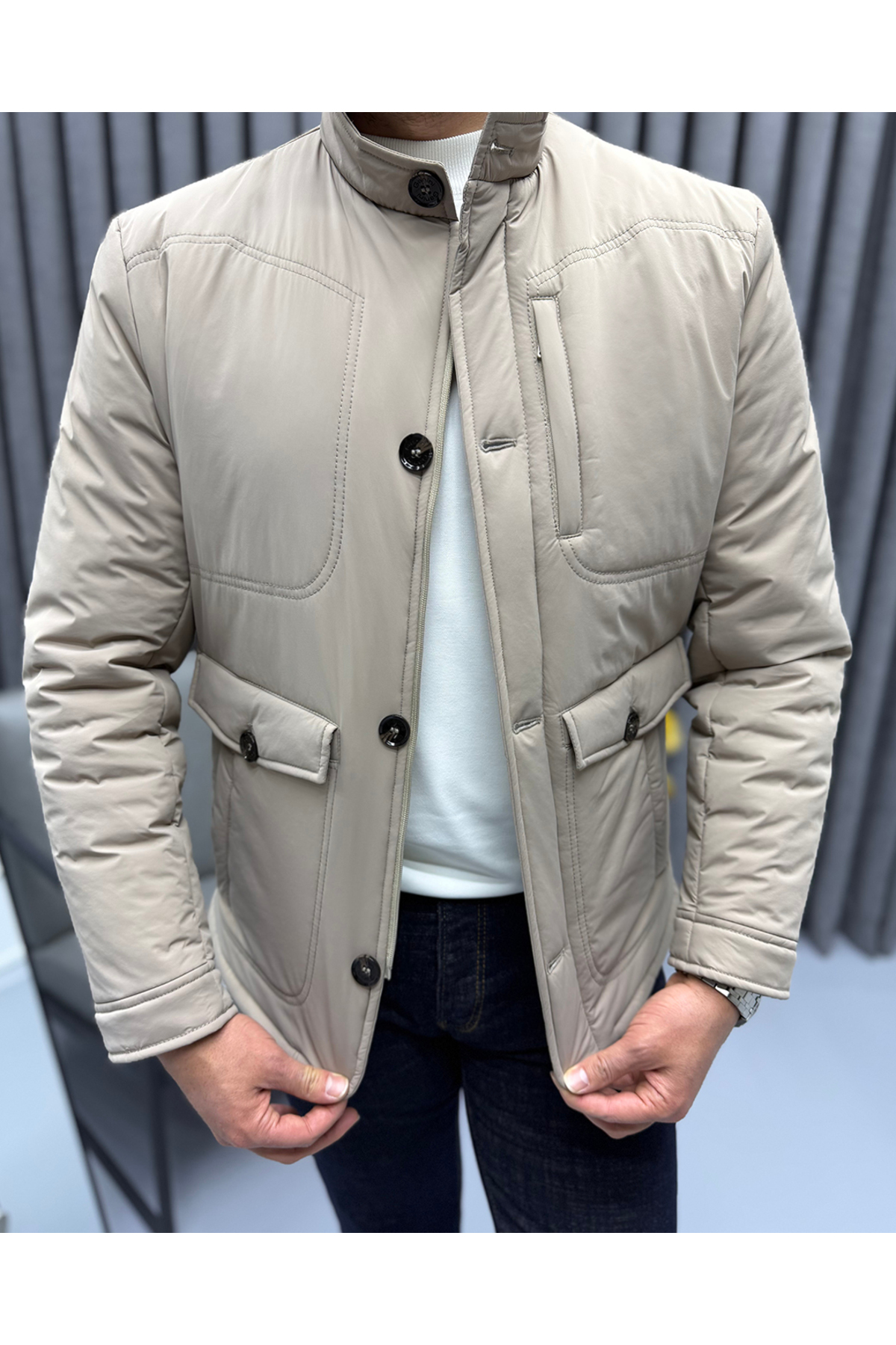 Erkek Slim Fit Hakim Yaka Premium Casual Mont — بژ 01472 — تصویر 3 از 7